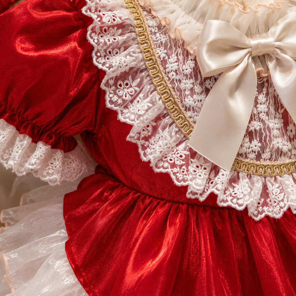 Victorian Lace Christmas Dress 1–6 Years | Red Satin Baby Girl Christmas Dress with Matching Headband | Boutique Holiday Party Dress