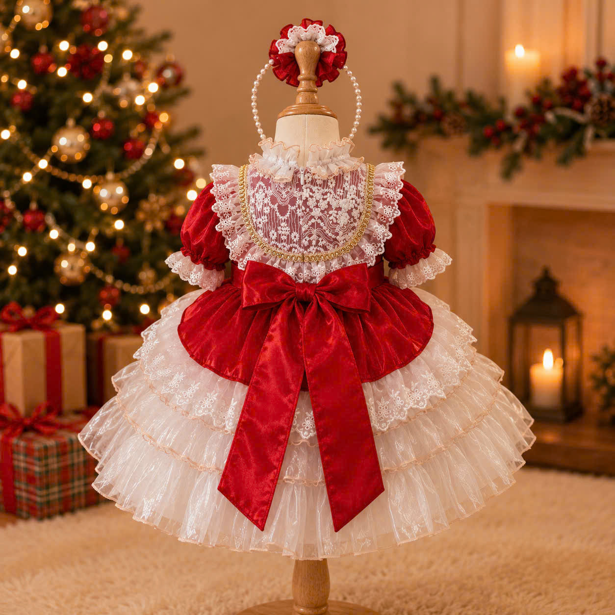 Victorian Lace Christmas Dress 1–6 Years | Red Satin Baby Girl Christmas Dress with Matching Headband | Boutique Holiday Party Dress