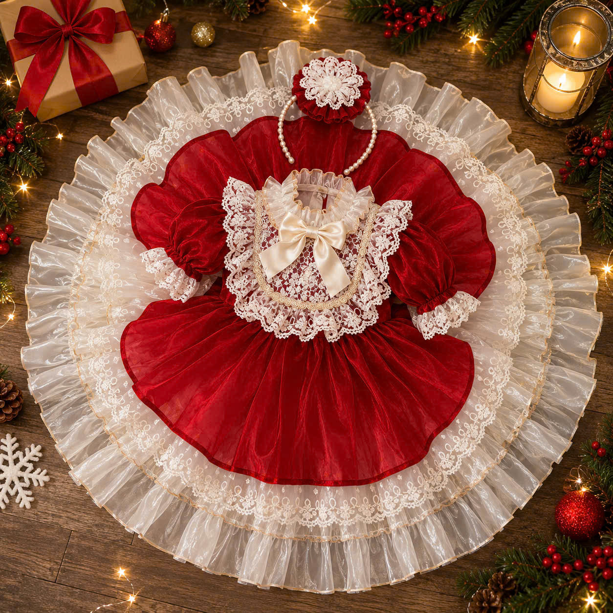 Victorian Lace Christmas Dress 1–6 Years | Red Satin Baby Girl Christmas Dress with Matching Headband | Boutique Holiday Party Dress