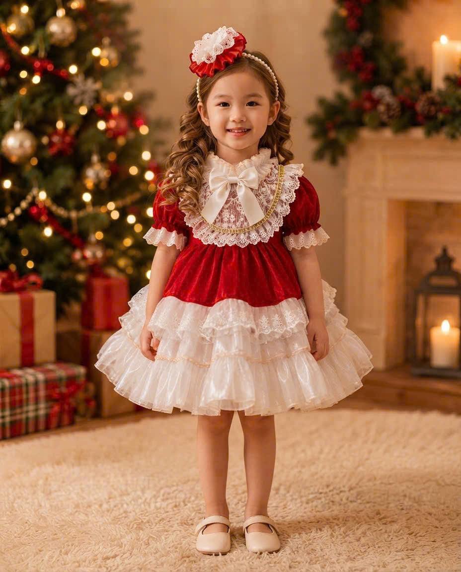 Victorian Lace Christmas Dress 1–6 Years | Red Satin Baby Girl Christmas Dress with Matching Headband | Boutique Holiday Party Dress