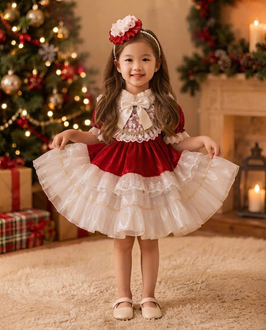 Victorian Lace Christmas Dress 1–6 Years | Red Satin Baby Girl Christmas Dress with Matching Headband | Boutique Holiday Party Dress