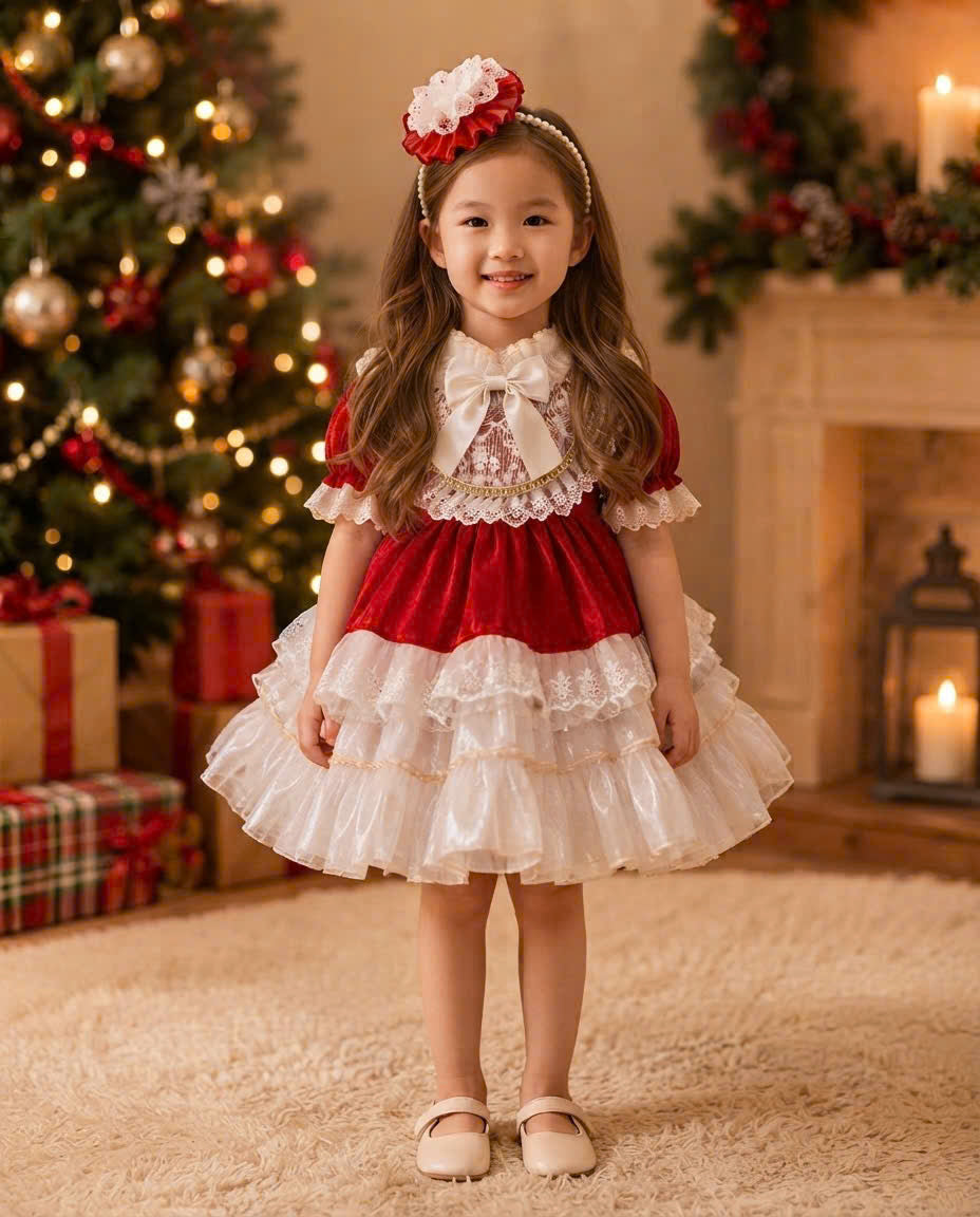 Victorian Lace Christmas Dress 1–6 Years | Red Satin Baby Girl Christmas Dress with Matching Headband | Boutique Holiday Party Dress