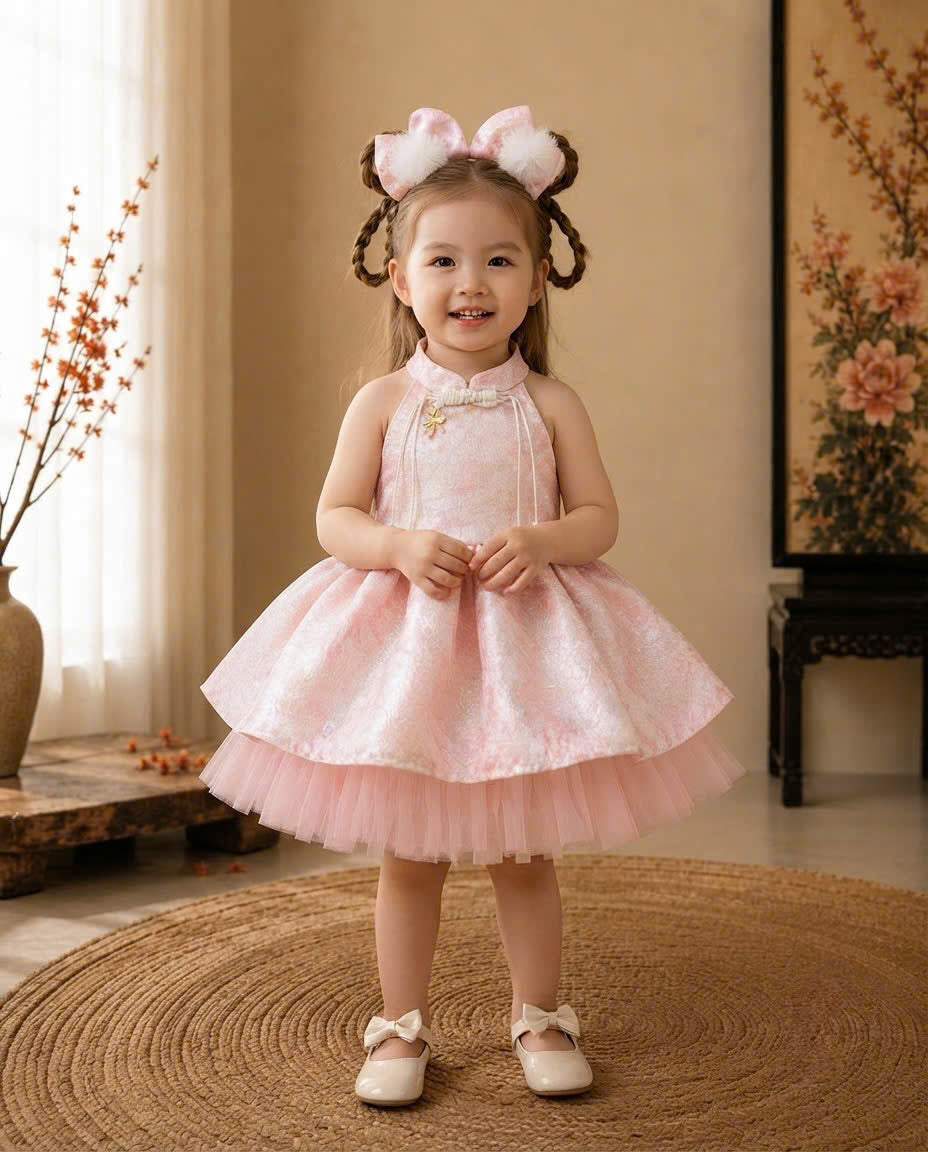 Halter Neck Dress - Rosy Dream 3 Months–3 Years | Pink Brocade Yếm-Inspired Princess Dress | Tết, Mid-Autumn & Birthday Dress