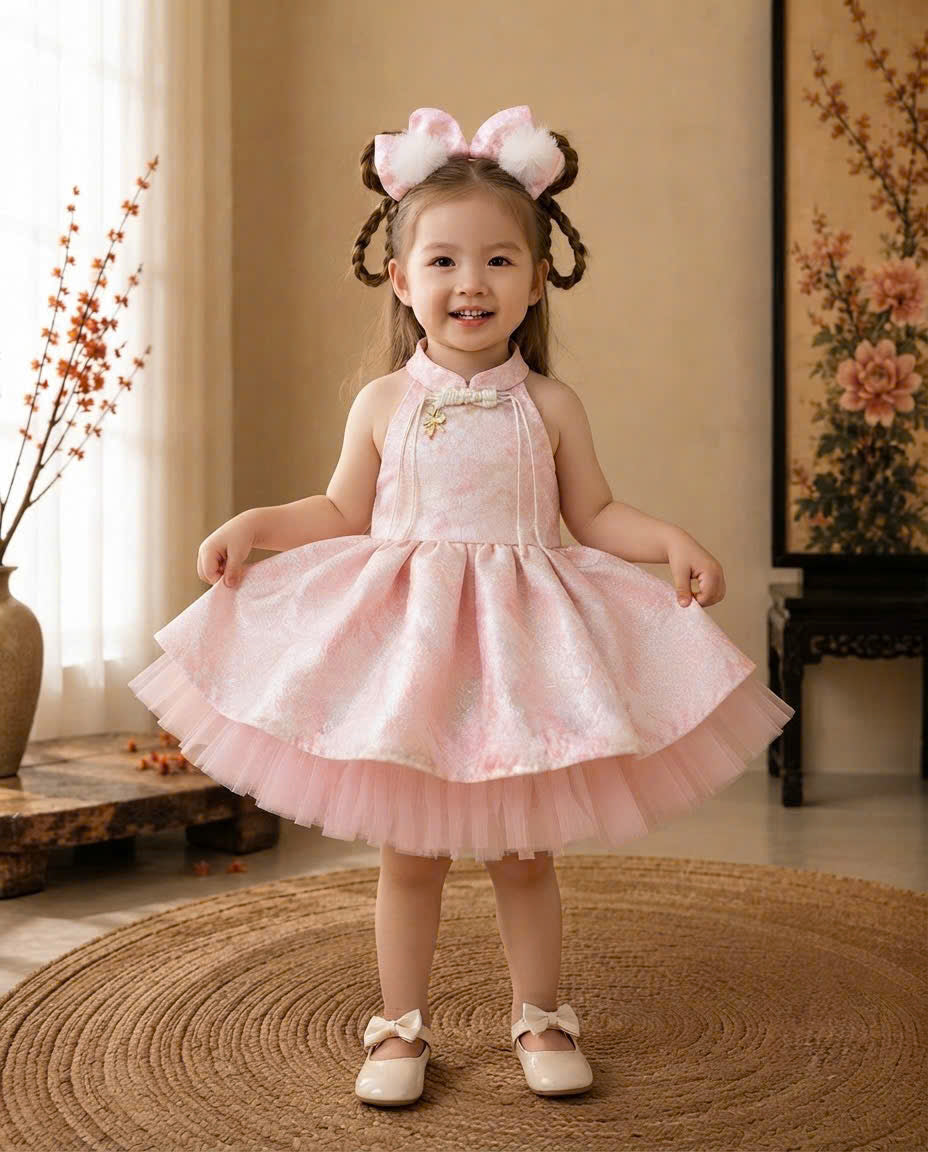 Halter Neck Dress - Rosy Dream 3 Months–3 Years | Pink Brocade Yếm-Inspired Princess Dress | Tết, Mid-Autumn & Birthday Dress