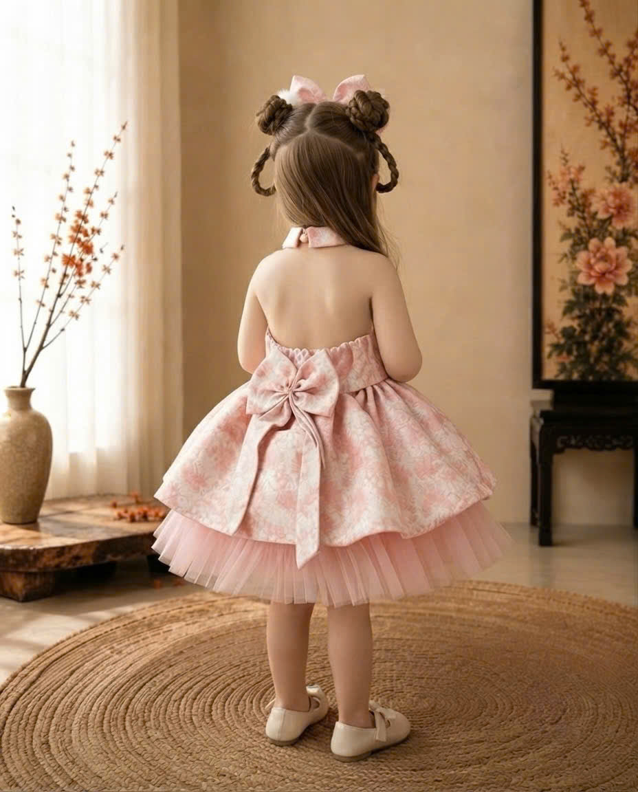 Halter Neck Dress - Rosy Dream 3 Months–3 Years | Pink Brocade Yếm-Inspired Princess Dress | Tết, Mid-Autumn & Birthday Dress