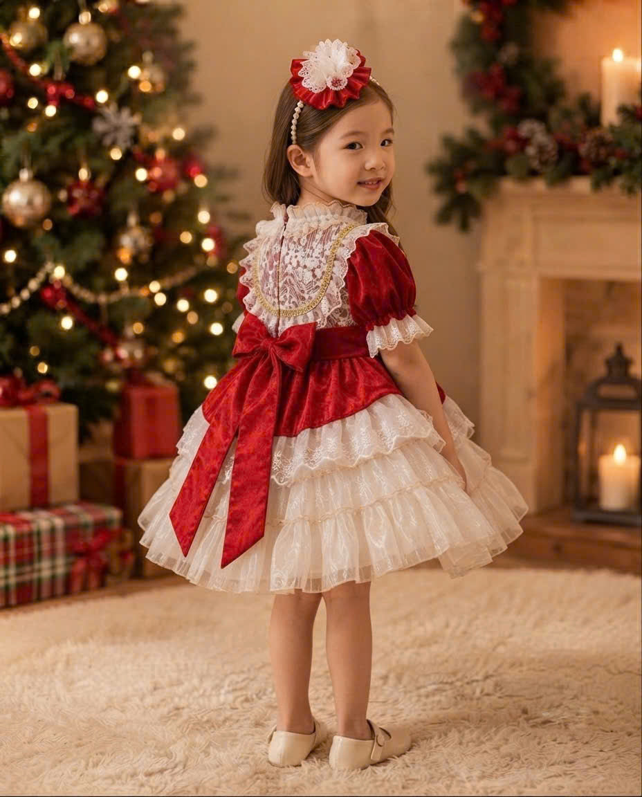 Victorian Lace Christmas Dress 1–6 Years | Red Satin Baby Girl Christmas Dress with Matching Headband | Boutique Holiday Party Dress