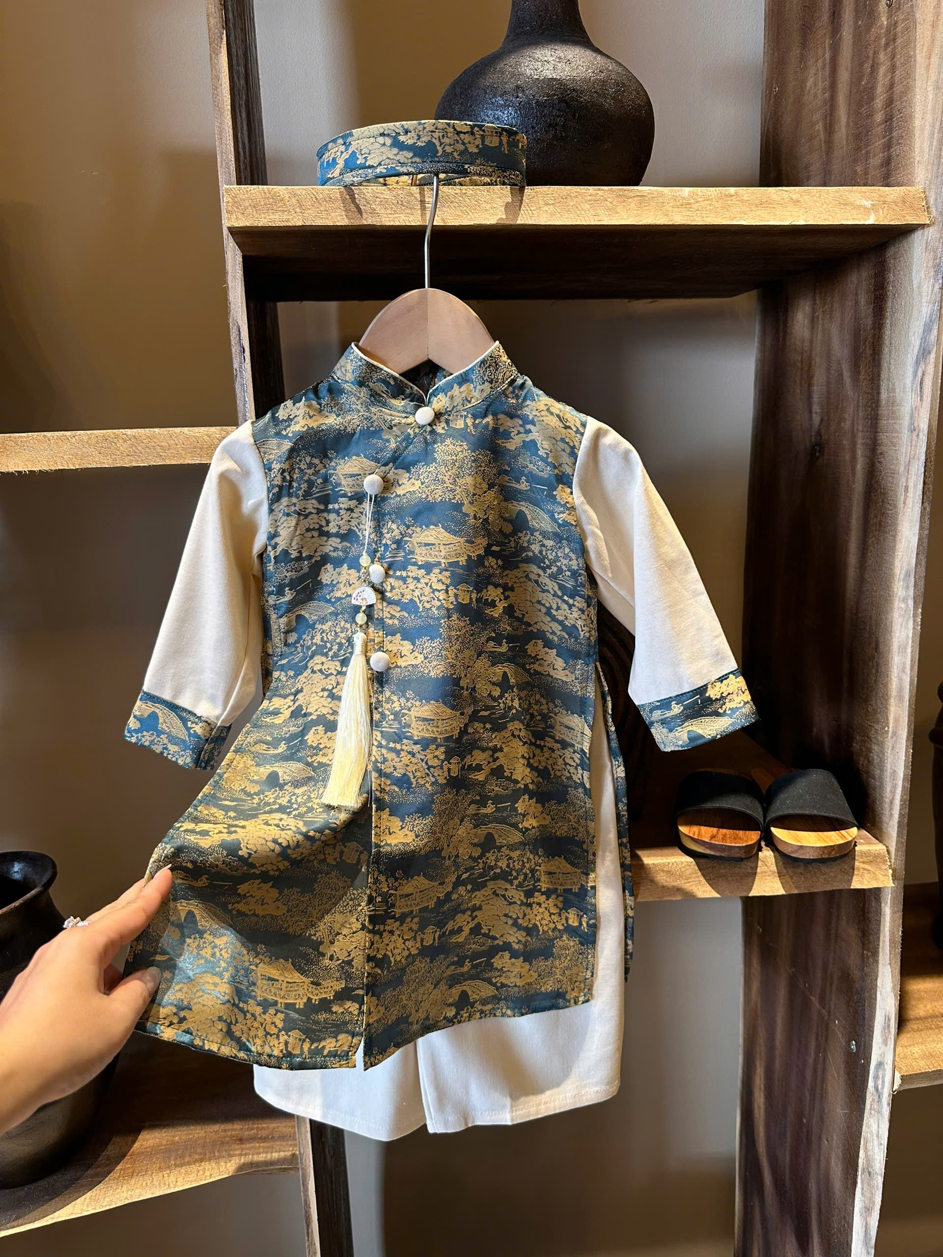 Teal Green Landscape Áo Dài Set Newborn–9 Years | Vietnamese Traditional Boys Outfit with Matching Pants | Optional Soft Khăn Đóng or Mấn | Tết, Lunar New Year & Mid-Autumn