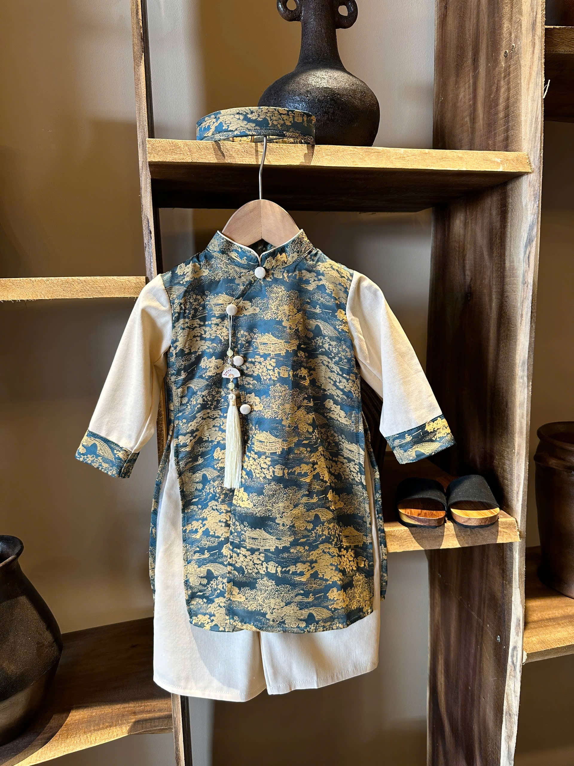 Teal Green Landscape Áo Dài Set Newborn–9 Years | Vietnamese Traditional Boys Outfit with Matching Pants | Optional Soft Khăn Đóng or Mấn | Tết, Lunar New Year & Mid-Autumn