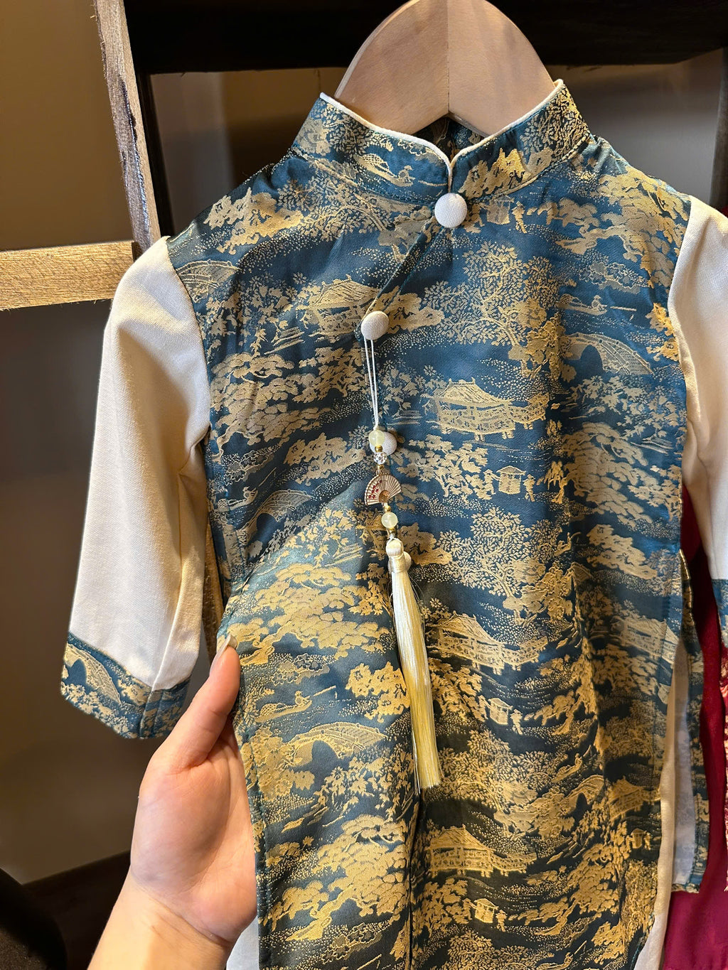 Teal Green Landscape Áo Dài Set Newborn–9 Years | Vietnamese Traditional Boys Outfit with Matching Pants | Optional Soft Khăn Đóng or Mấn | Tết, Lunar New Year & Mid-Autumn