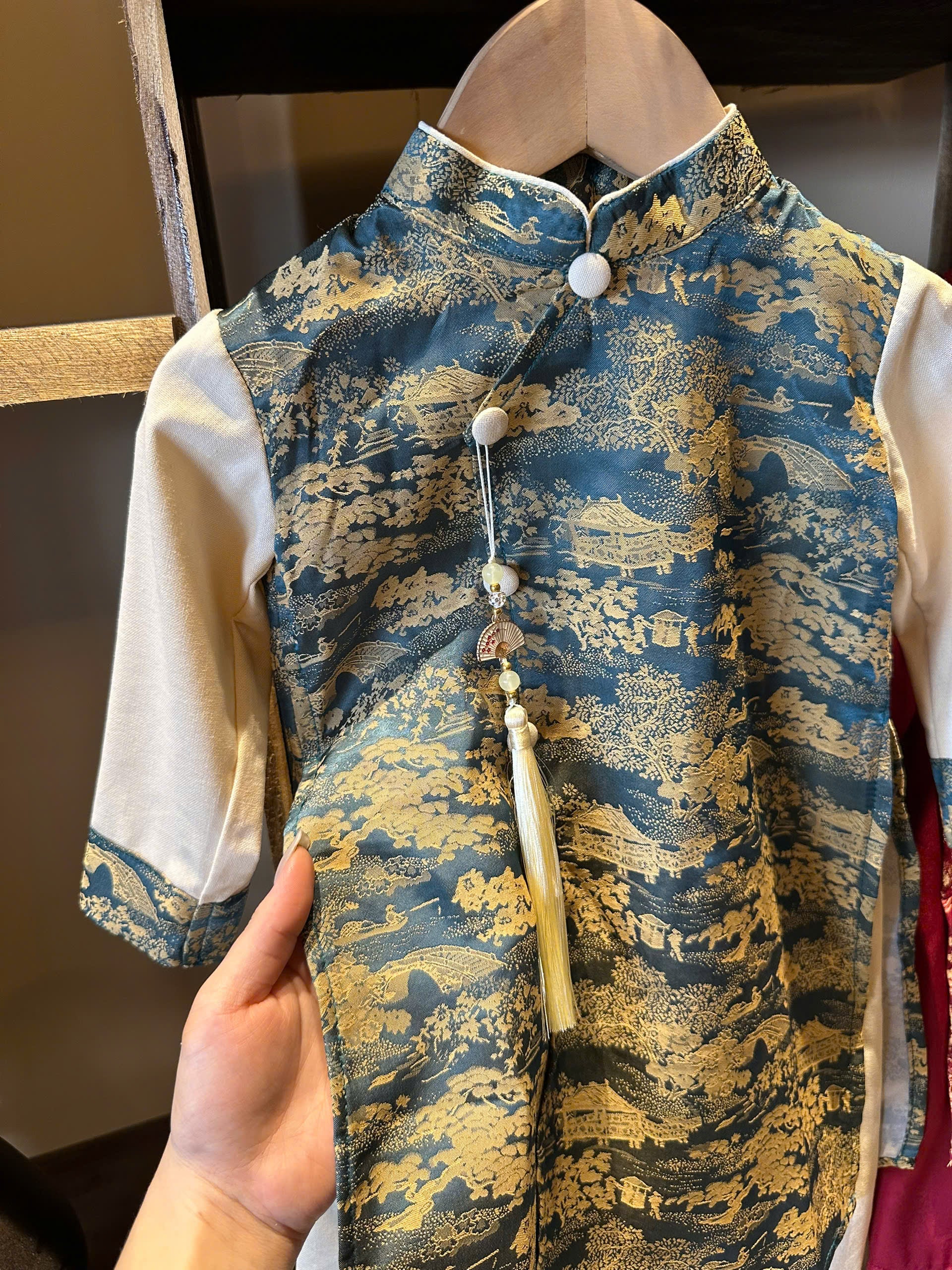 Teal Green Landscape Áo Dài Set Newborn–9 Years | Vietnamese Traditional Boys Outfit with Matching Pants | Optional Soft Khăn Đóng or Mấn | Tết, Lunar New Year & Mid-Autumn