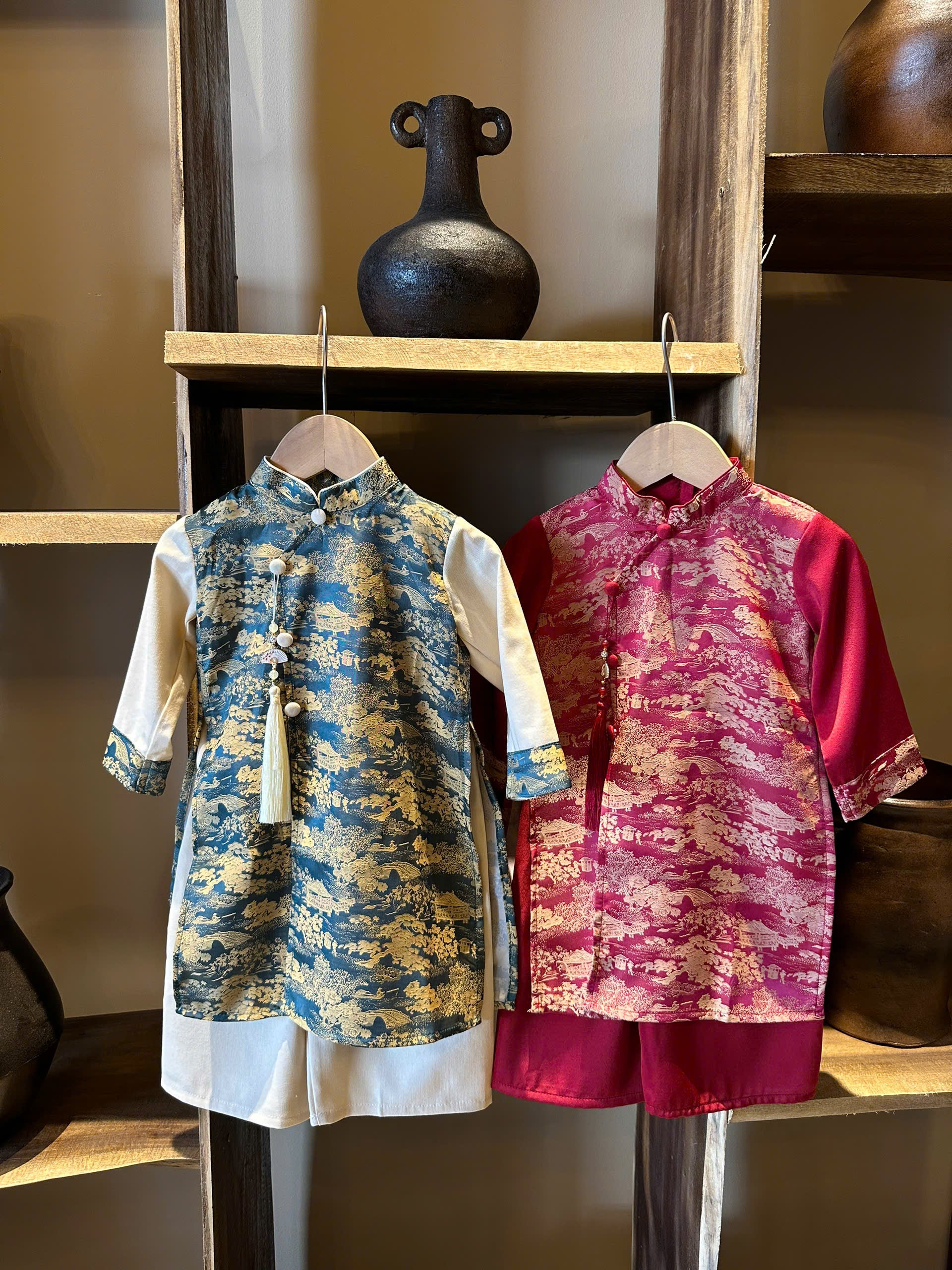 Teal Green Landscape Áo Dài Set Newborn–9 Years | Vietnamese Traditional Boys Outfit with Matching Pants | Optional Soft Khăn Đóng or Mấn | Tết, Lunar New Year & Mid-Autumn