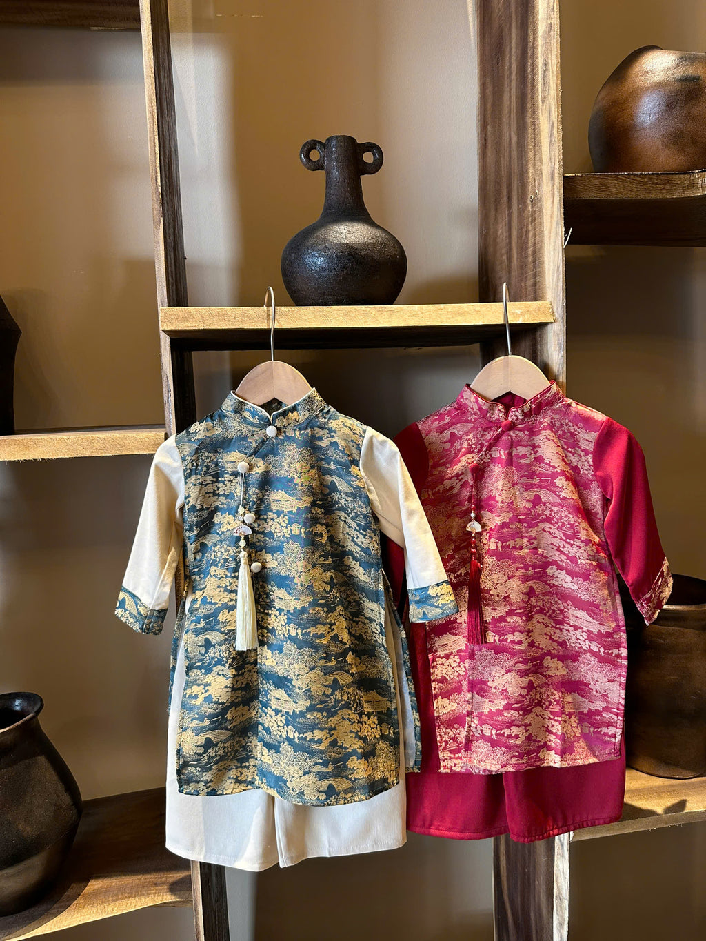 Red Landscape Áo Dài Set Newborn–9 Years | Vietnamese Traditional Boys Outfit with Matching Pants | Optional Soft Khăn Đóng or Mấn | Tết, Lunar New Year & Mid-Autumn