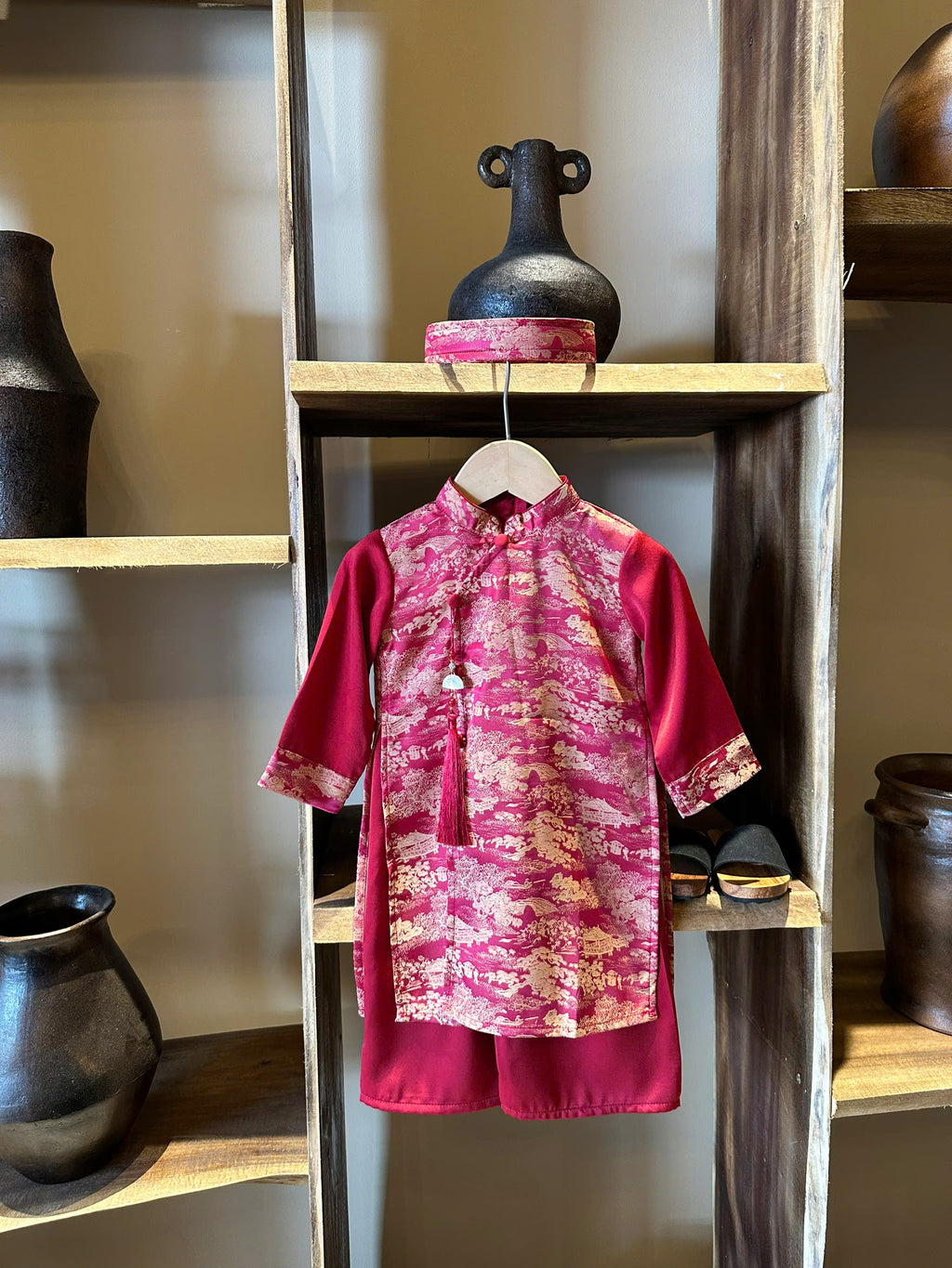 Red Landscape Áo Dài Set Newborn–9 Years | Vietnamese Traditional Boys Outfit with Matching Pants | Optional Soft Khăn Đóng or Mấn | Tết, Lunar New Year & Mid-Autumn