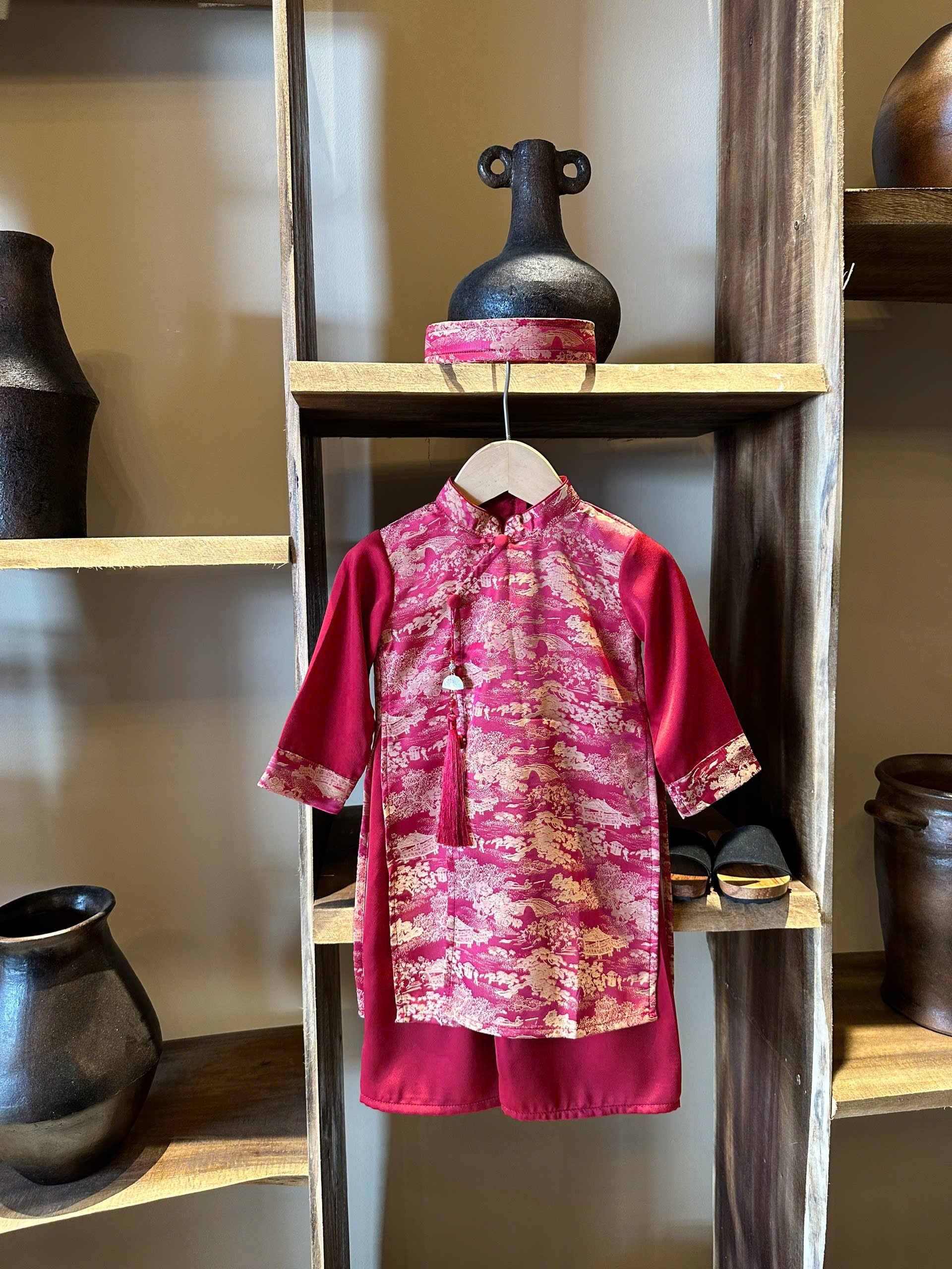 Red Landscape Áo Dài Set Newborn–9 Years | Vietnamese Traditional Boys Outfit with Matching Pants | Optional Soft Khăn Đóng or Mấn | Tết, Lunar New Year & Mid-Autumn