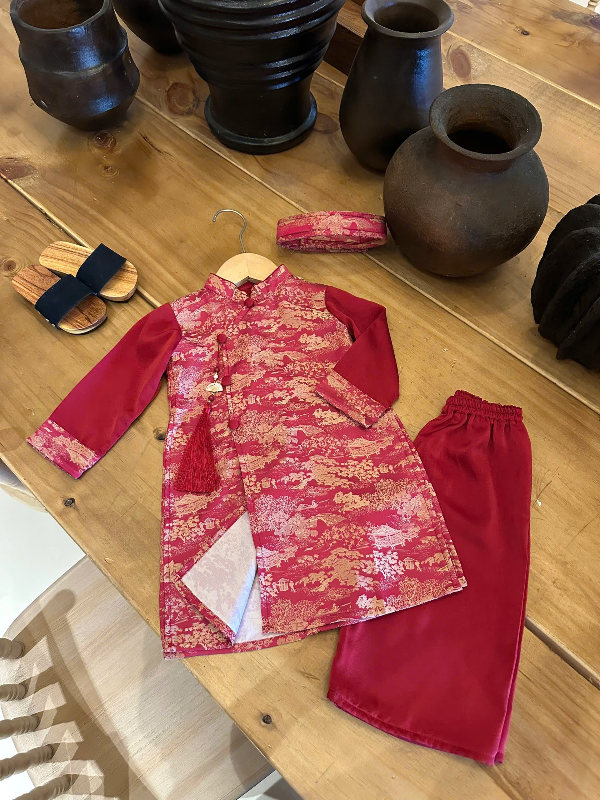 Red Landscape Áo Dài Set Newborn–9 Years | Vietnamese Traditional Boys Outfit with Matching Pants | Optional Soft Khăn Đóng or Mấn | Tết, Lunar New Year & Mid-Autumn