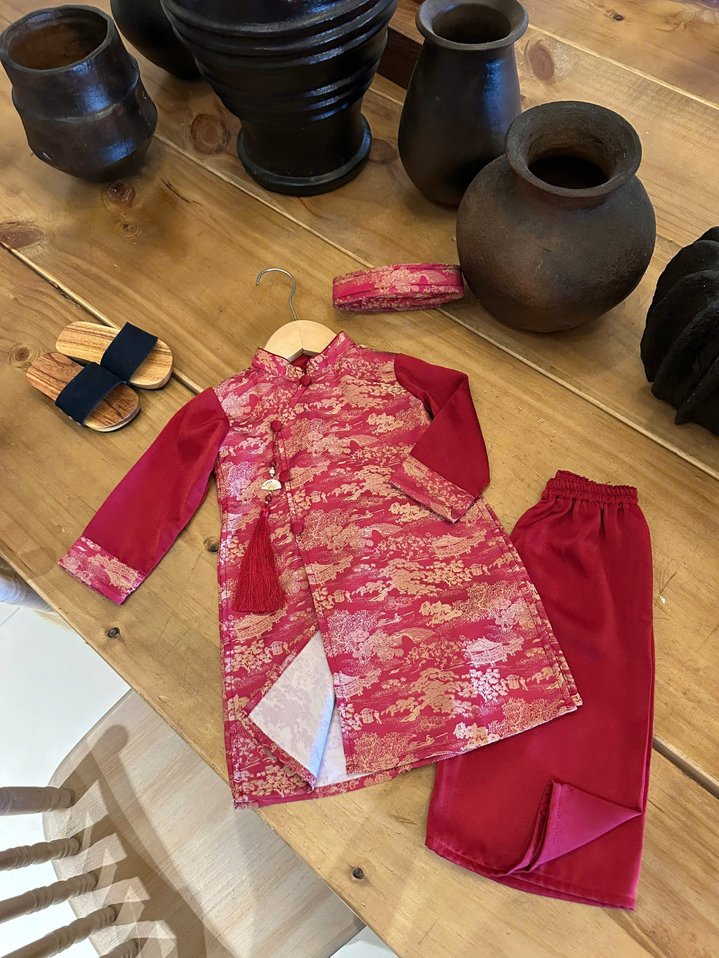 Red Landscape Áo Dài Set Newborn–9 Years | Vietnamese Traditional Boys Outfit with Matching Pants | Optional Soft Khăn Đóng or Mấn | Tết, Lunar New Year & Mid-Autumn