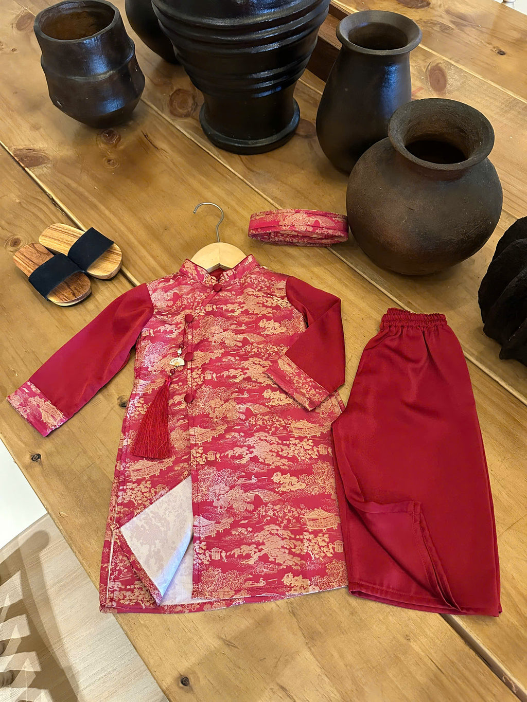 Red Landscape Áo Dài Set Newborn–9 Years | Vietnamese Traditional Boys Outfit with Matching Pants | Optional Soft Khăn Đóng or Mấn | Tết, Lunar New Year & Mid-Autumn