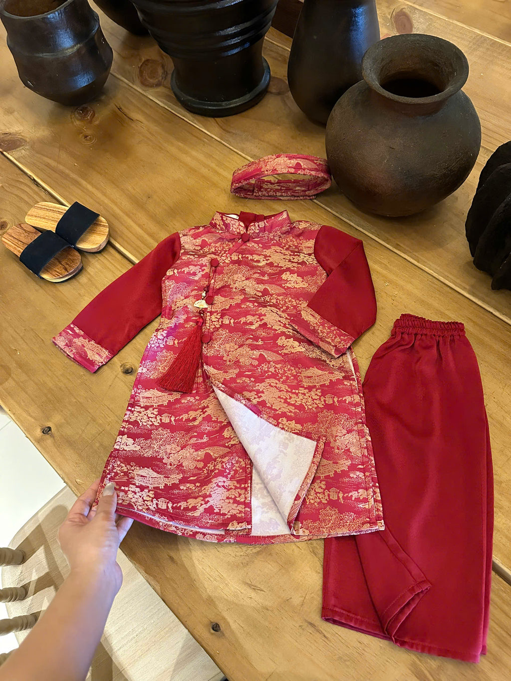 Red Landscape Áo Dài Set Newborn–9 Years | Vietnamese Traditional Boys Outfit with Matching Pants | Optional Soft Khăn Đóng or Mấn | Tết, Lunar New Year & Mid-Autumn