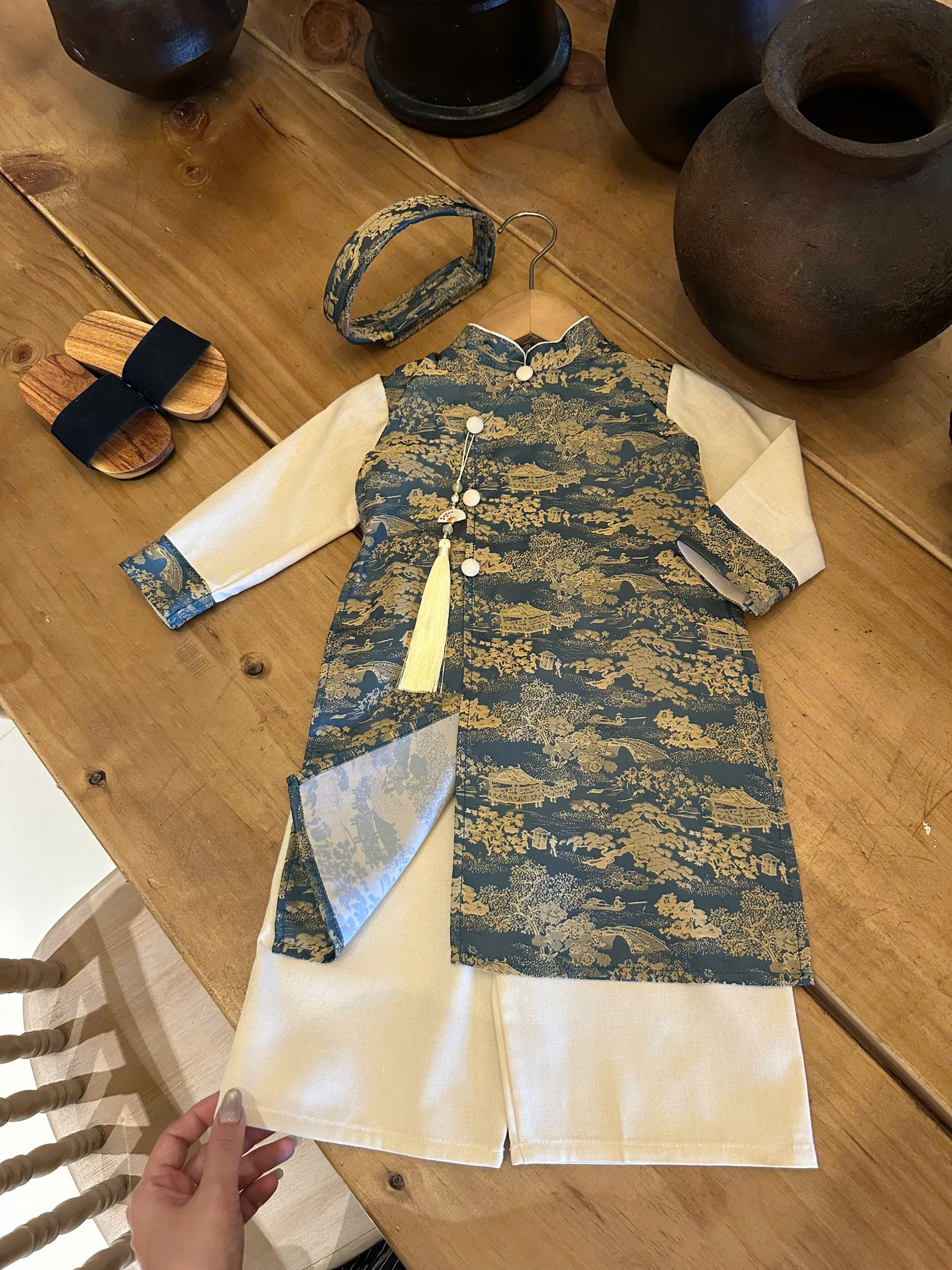 Teal Green Landscape Áo Dài Set Newborn–9 Years | Vietnamese Traditional Boys Outfit with Matching Pants | Optional Soft Khăn Đóng or Mấn | Tết, Lunar New Year & Mid-Autumn