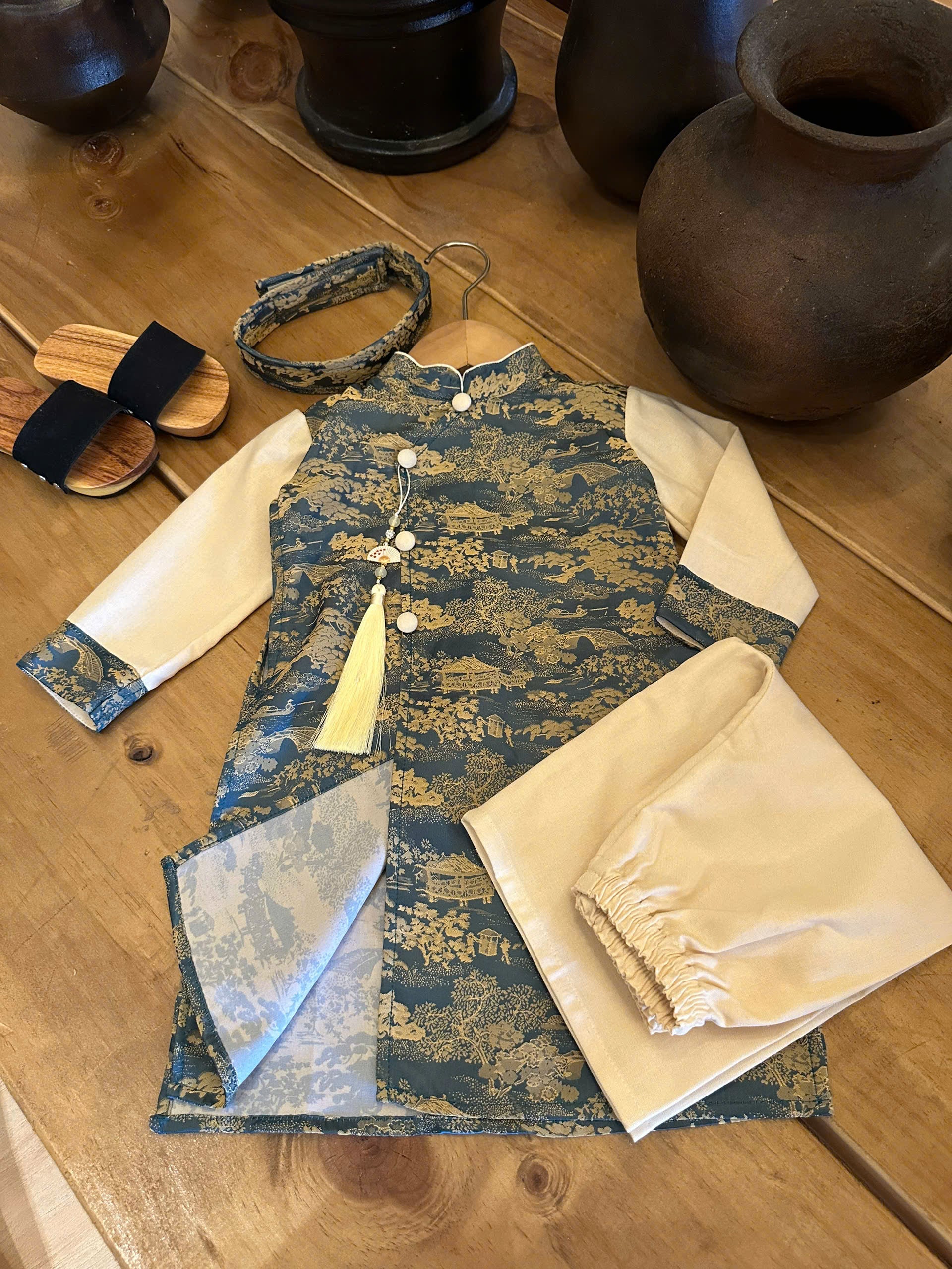 Teal Green Landscape Áo Dài Set Newborn–9 Years | Vietnamese Traditional Boys Outfit with Matching Pants | Optional Soft Khăn Đóng or Mấn | Tết, Lunar New Year & Mid-Autumn