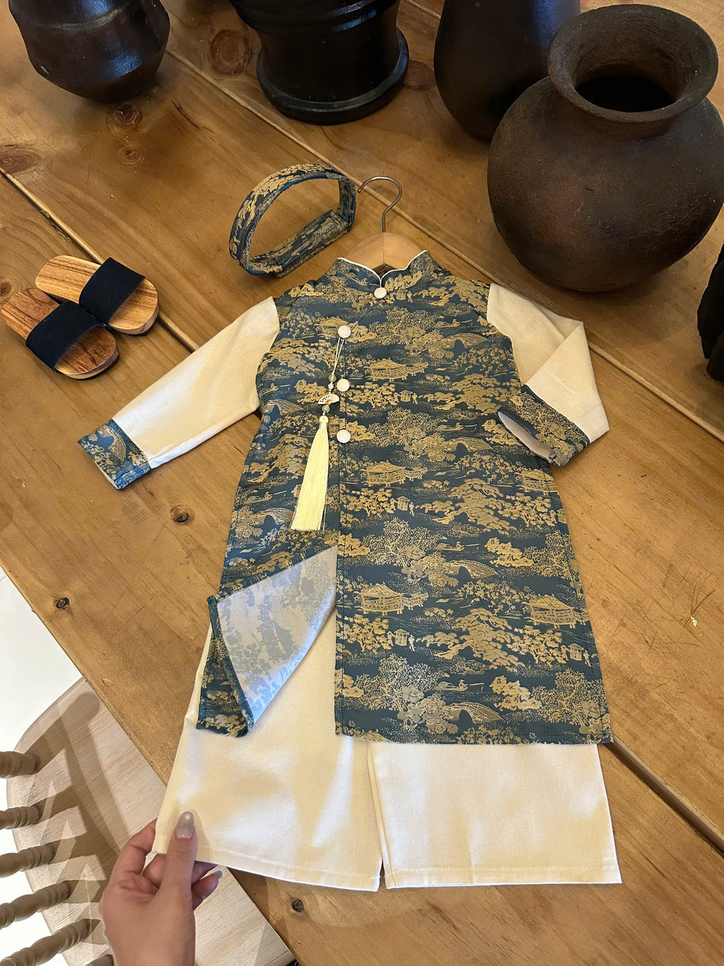 Teal Green Landscape Áo Dài Set Newborn–9 Years | Vietnamese Traditional Boys Outfit with Matching Pants | Optional Soft Khăn Đóng or Mấn | Tết, Lunar New Year & Mid-Autumn