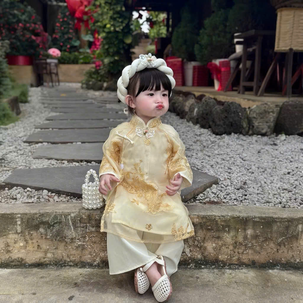 Gold Embroidery Áo Dài Set Newborn–1 Year | Vietnamese Traditional Baby Girl Outfit with Matching Pants & Headband | Tết, Lunar New Year & Mid-Autumn