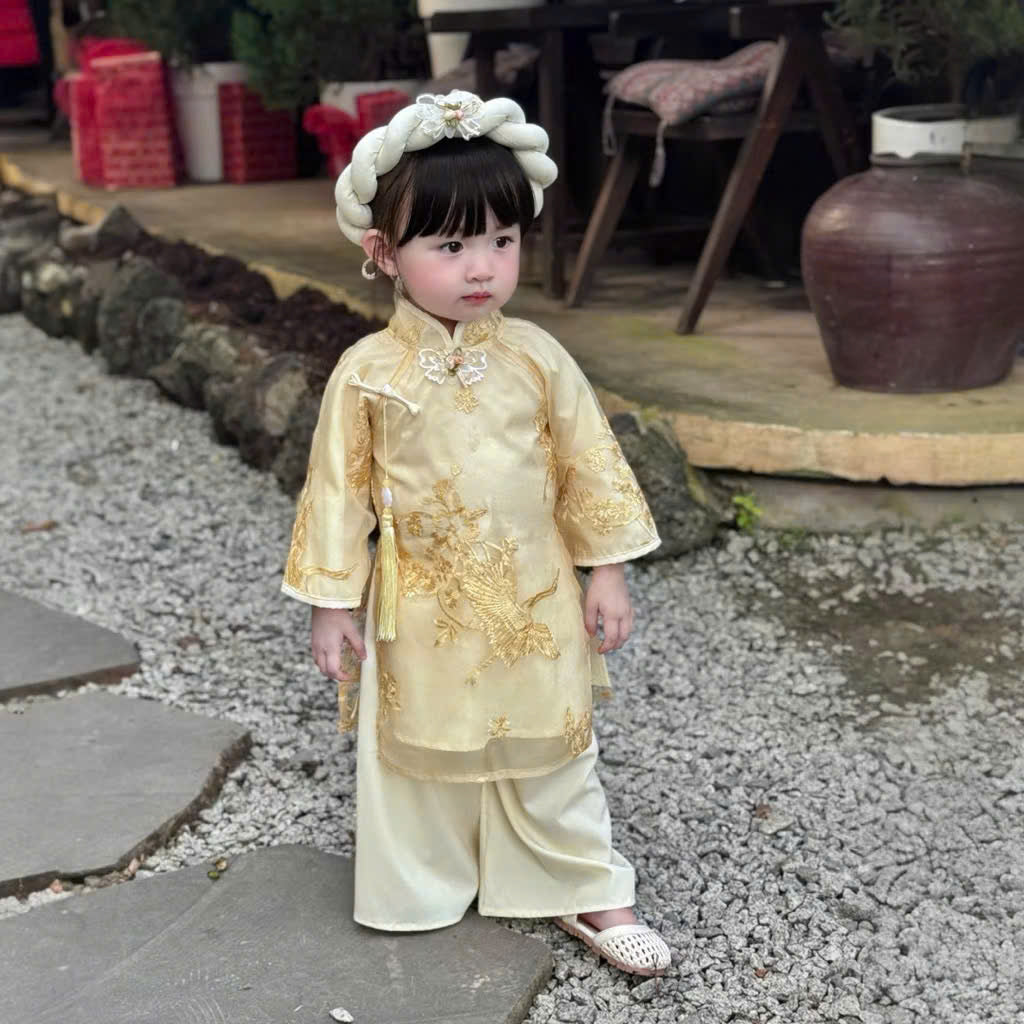 Gold Embroidery Áo Dài Set Newborn–1 Year | Vietnamese Traditional Baby Girl Outfit with Matching Pants & Headband | Tết, Lunar New Year & Mid-Autumn