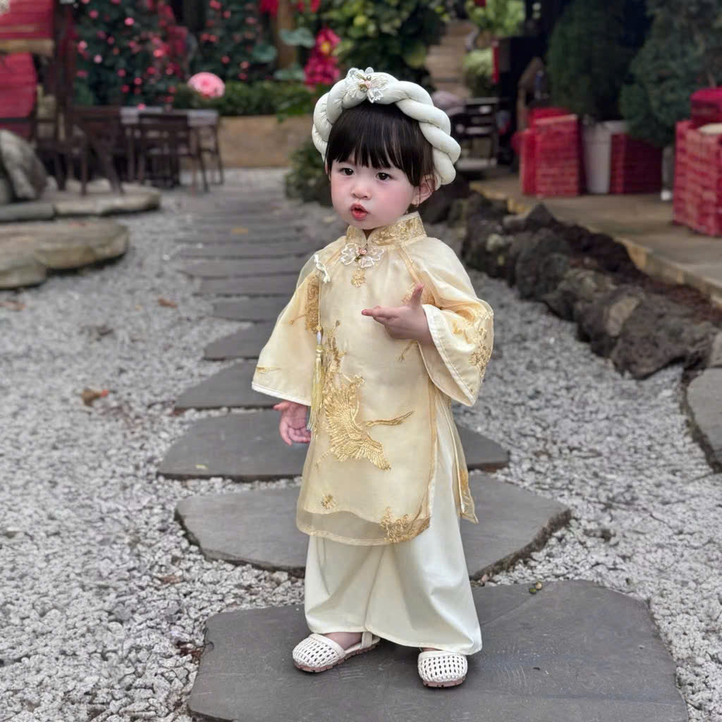 Gold Embroidery Áo Dài Set Newborn–1 Year | Vietnamese Traditional Baby Girl Outfit with Matching Pants & Headband | Tết, Lunar New Year & Mid-Autumn