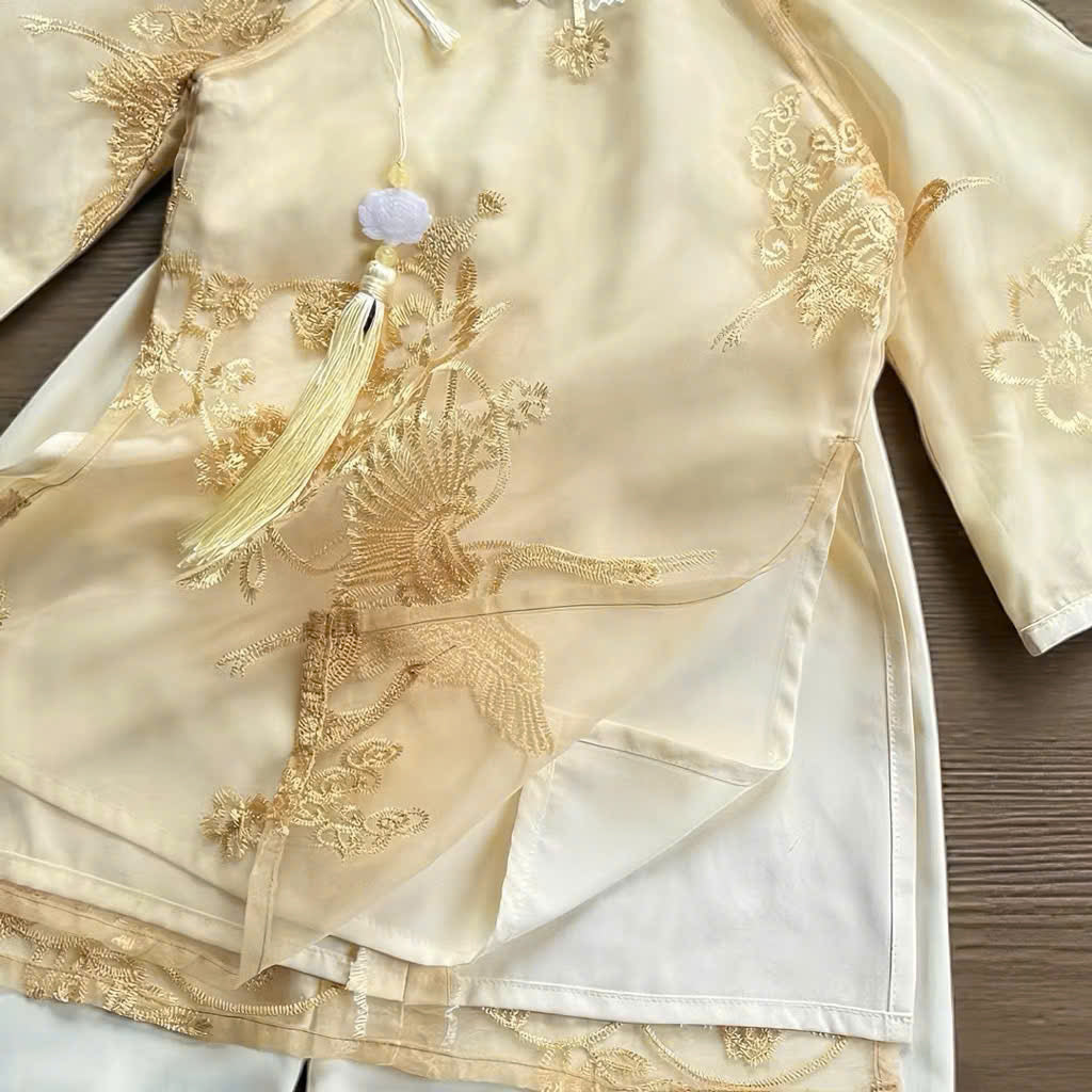 Gold Embroidery Áo Dài Set Newborn–1 Year | Vietnamese Traditional Baby Girl Outfit with Matching Pants & Headband | Tết, Lunar New Year & Mid-Autumn