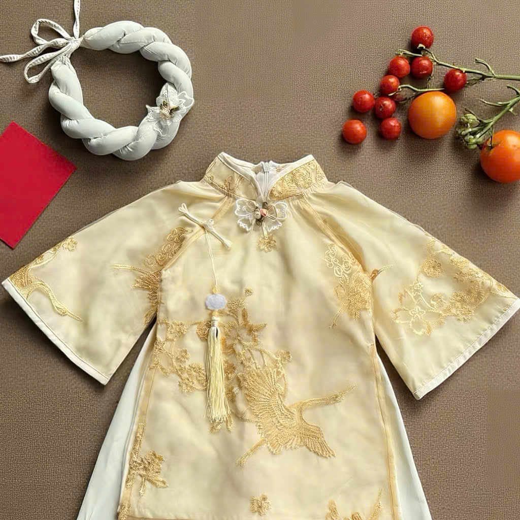 Gold Embroidery Áo Dài Set Newborn–1 Year | Vietnamese Traditional Baby Girl Outfit with Matching Pants & Headband | Tết, Lunar New Year & Mid-Autumn
