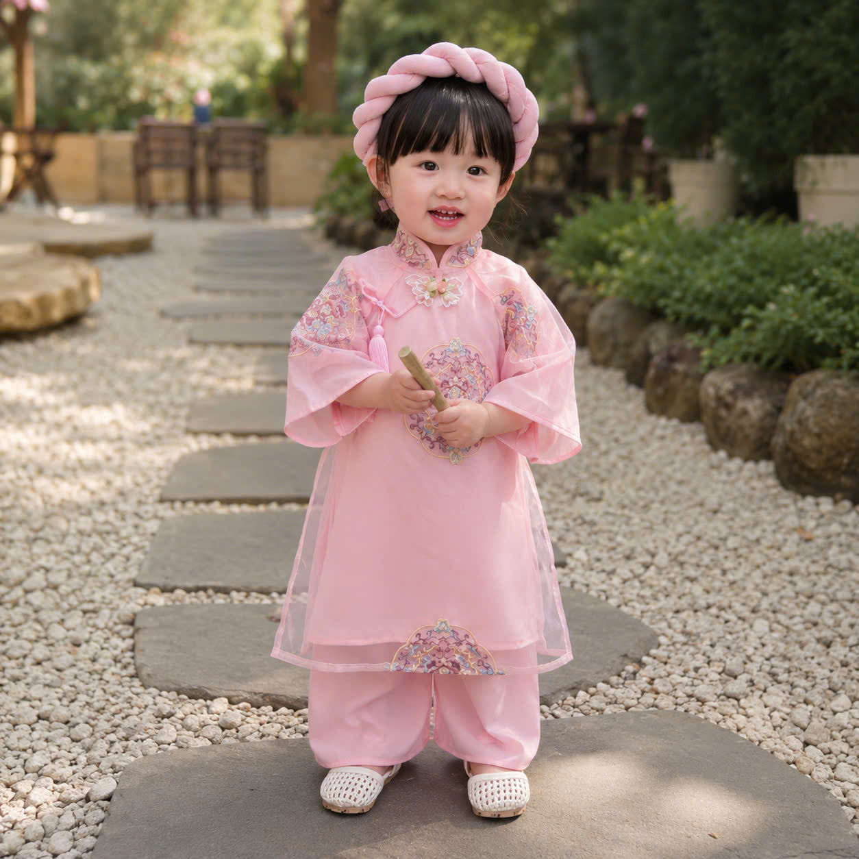 Blossom Embroidery Áo Dài Set Newborn–12Months | Vietnamese Traditional Baby Girl Outfit with Matching Headband | Tết, Lunar New Year & Mid-Autumn