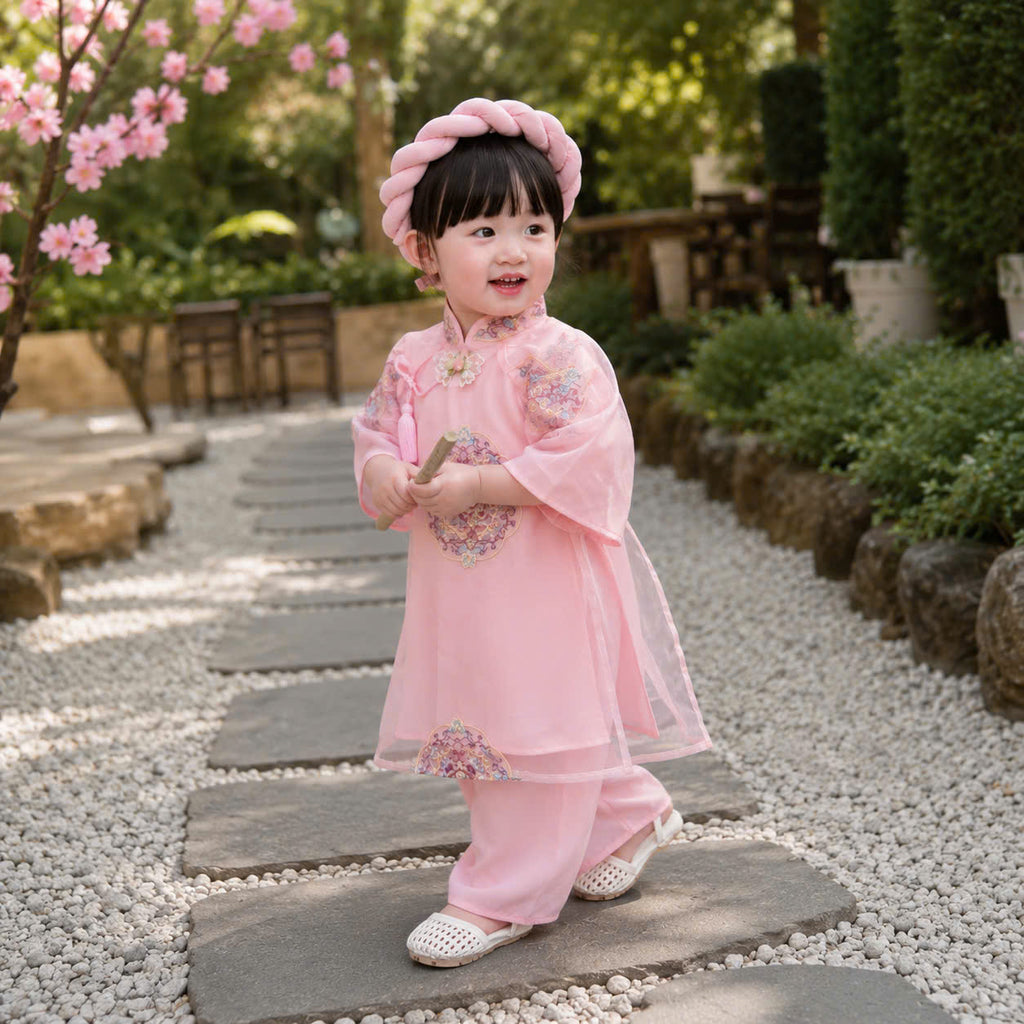 Blossom Embroidery Áo Dài Set Newborn–12Months | Vietnamese Traditional Baby Girl Outfit with Matching Headband | Tết, Lunar New Year & Mid-Autumn