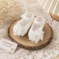 Handmade Knitted Baby Shoes - Elegant Blossom Newborn | White Mary Jane Baby Booties with Crystal Floral Lace | Christening & Baptism Shoes