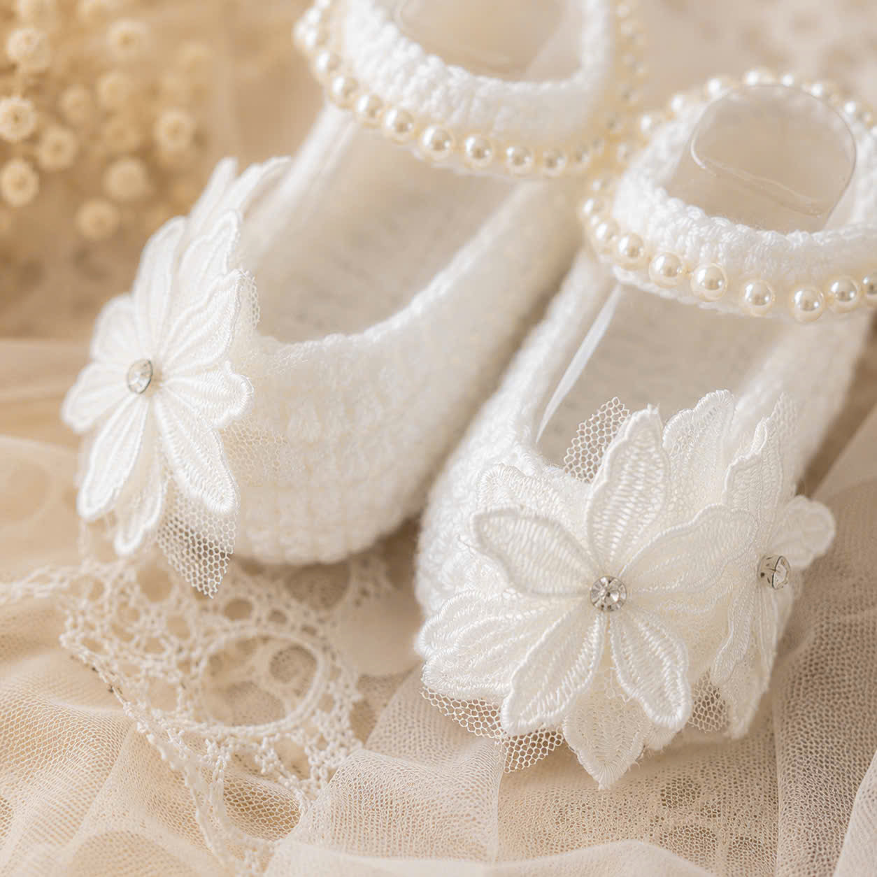Handmade Knitted Baby Shoes - Elegant Blossom Newborn | White Mary Jane Baby Booties with Crystal Floral Lace | Christening & Baptism Shoes