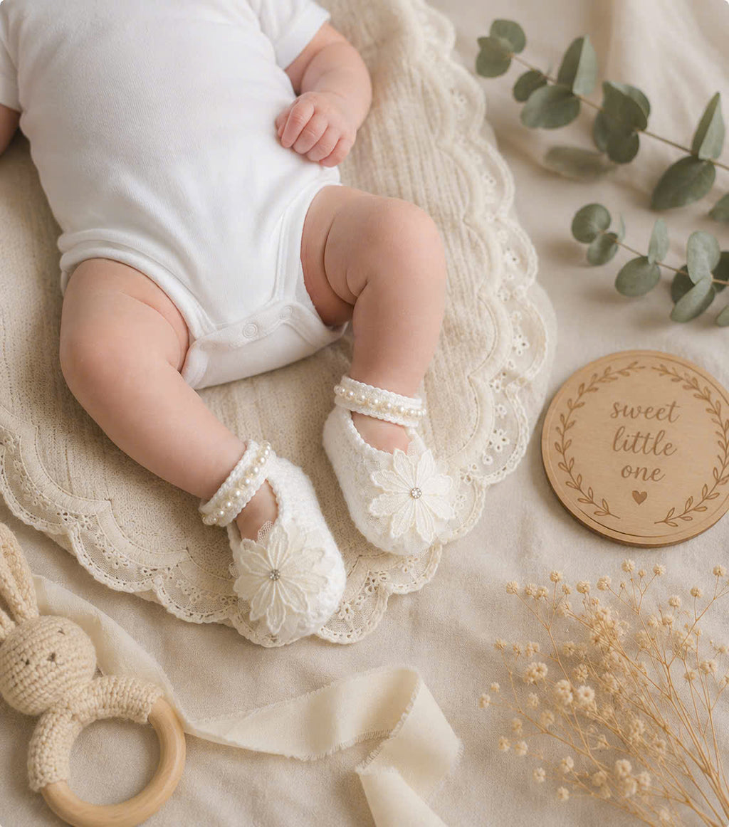 Handmade Knitted Baby Shoes - Elegant Blossom Newborn | White Mary Jane Baby Booties with Crystal Floral Lace | Christening & Baptism Shoes