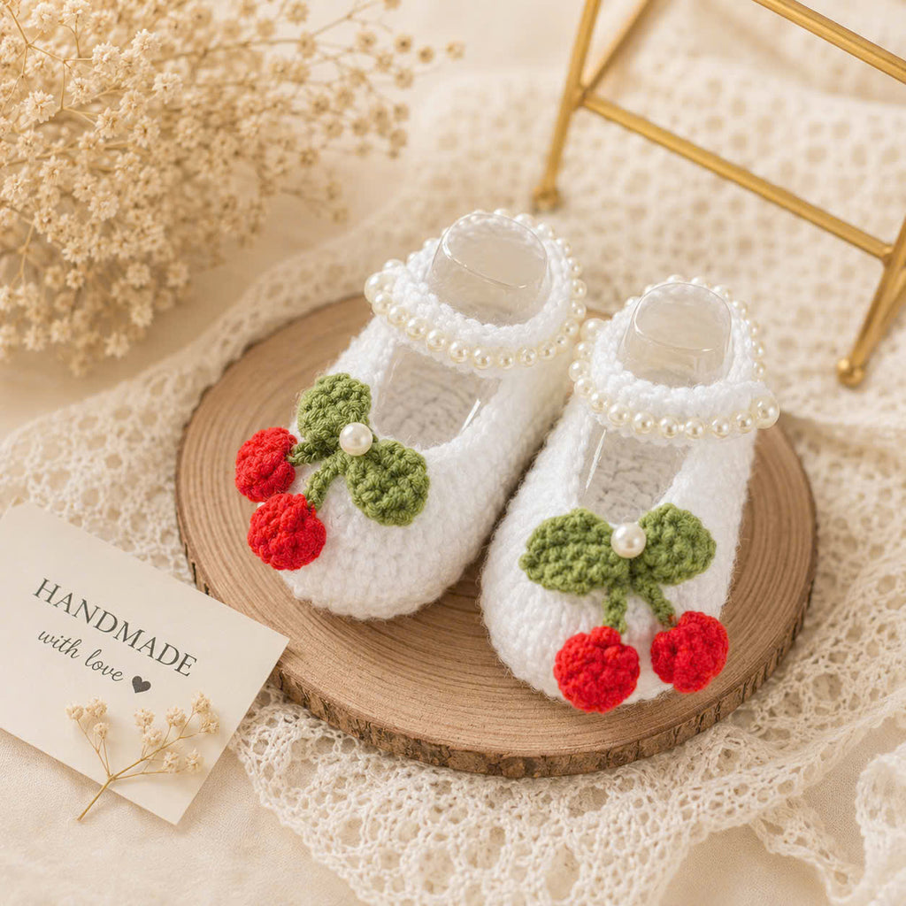 Handmade Knitted Baby Shoes - Sweet Cherry Newborn | White Mary Jane Baby Booties with Crochet Cherries | Newborn Gift & Baby Photoshoot Shoes