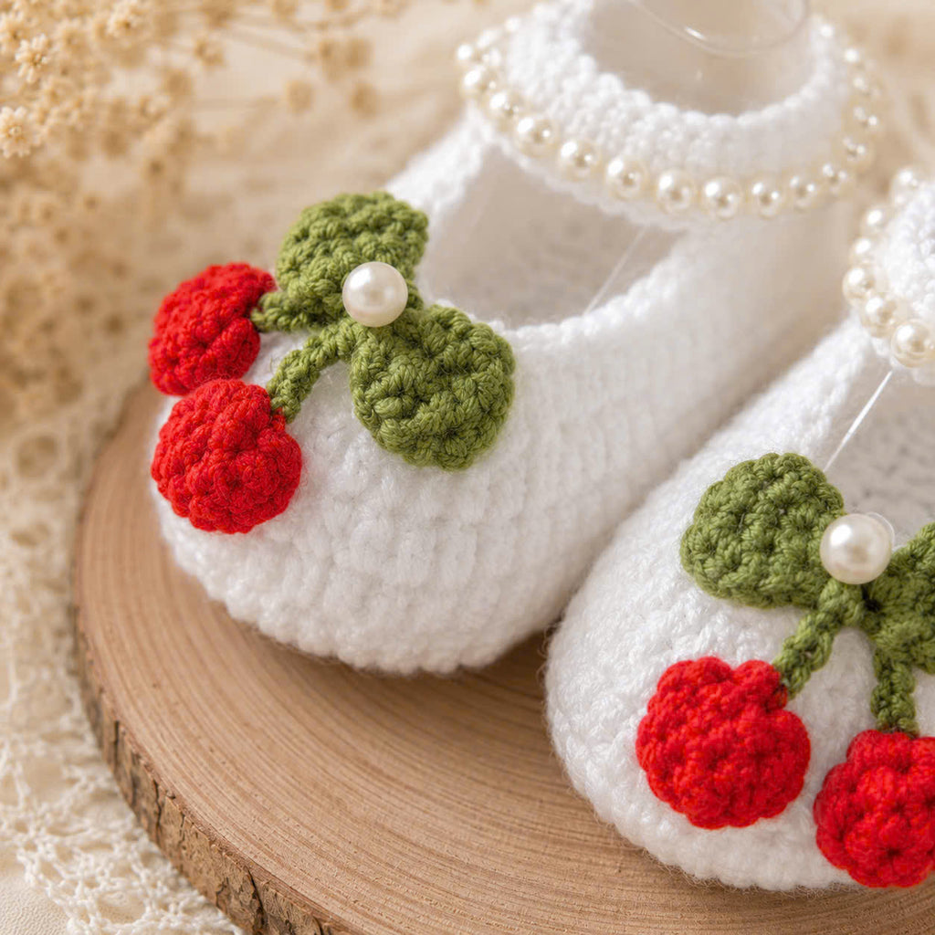 Handmade Knitted Baby Shoes - Sweet Cherry Newborn | White Mary Jane Baby Booties with Crochet Cherries | Newborn Gift & Baby Photoshoot Shoes