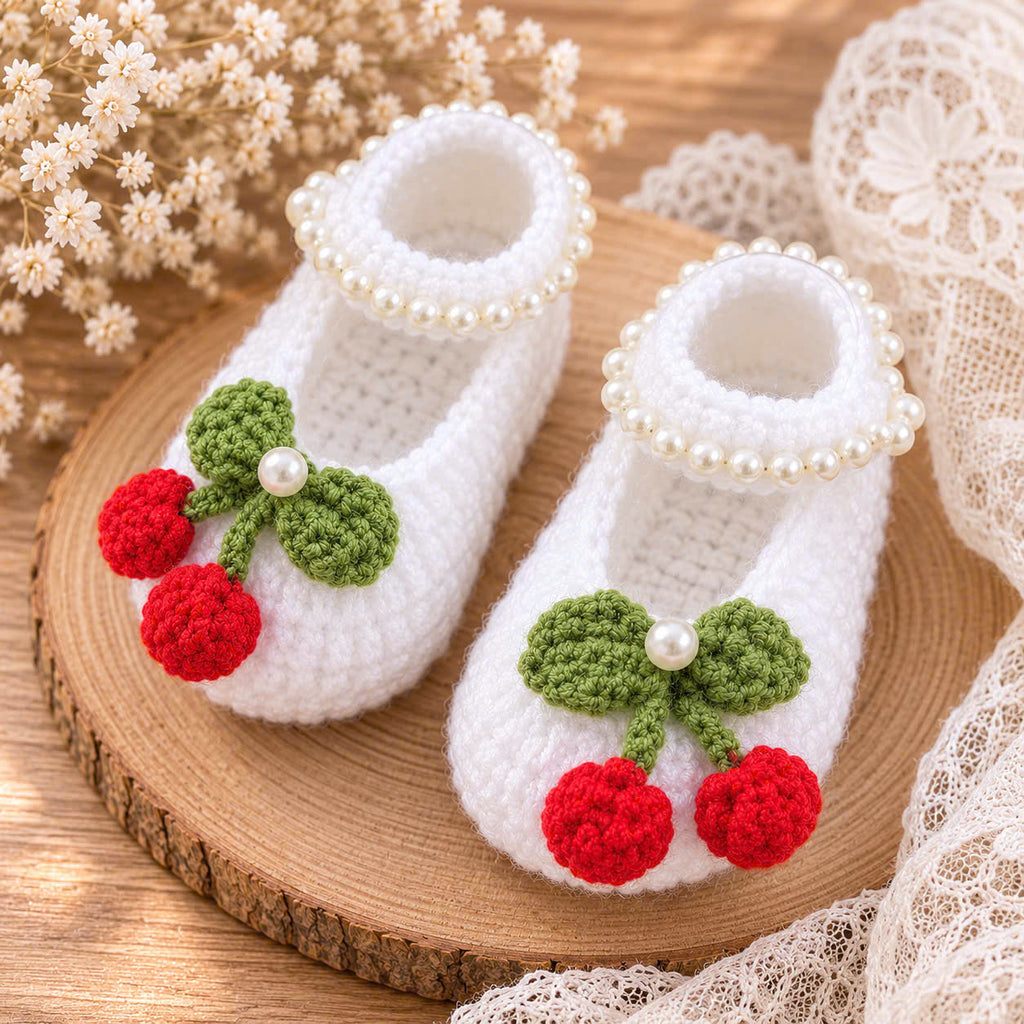 Handmade Knitted Baby Shoes - Sweet Cherry Newborn | White Mary Jane Baby Booties with Crochet Cherries | Newborn Gift & Baby Photoshoot Shoes