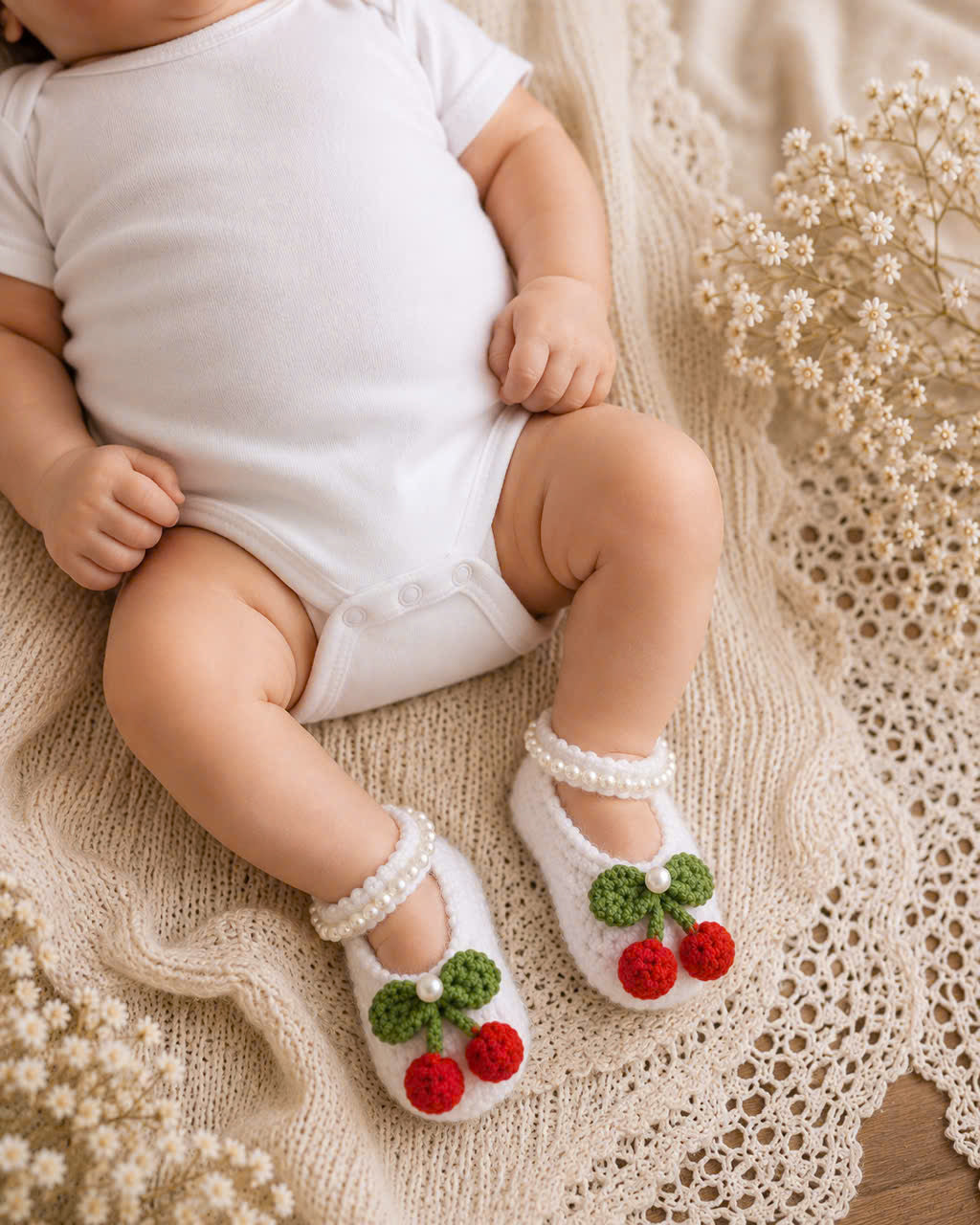 Handmade Knitted Baby Shoes - Sweet Cherry Newborn | White Mary Jane Baby Booties with Crochet Cherries | Newborn Gift & Baby Photoshoot Shoes