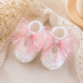Handmade Knitted Baby Shoes - Pink Organza Bow Newborn | White Mary Jane Baby Booties with Pearl Organza Bow | Newborn Gift & Christening Shoes