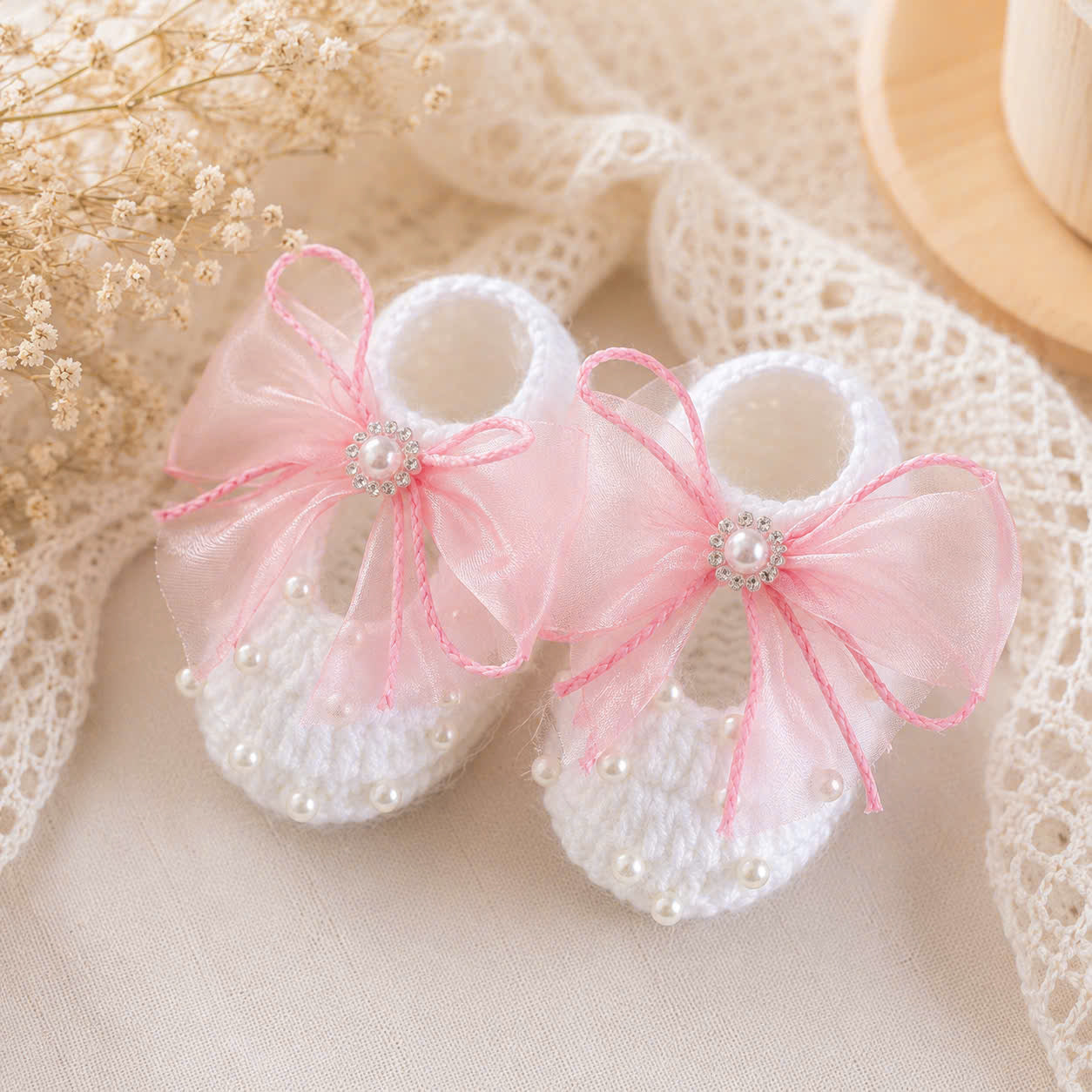 Handmade Knitted Baby Shoes - Pink Organza Bow Newborn | White Mary Jane Baby Booties with Pearl Organza Bow | Newborn Gift & Christening Shoes