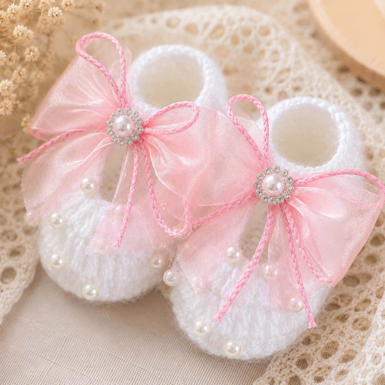 Handmade Knitted Baby Shoes - Pink Organza Bow Newborn | White Mary Jane Baby Booties with Pearl Organza Bow | Newborn Gift & Christening Shoes