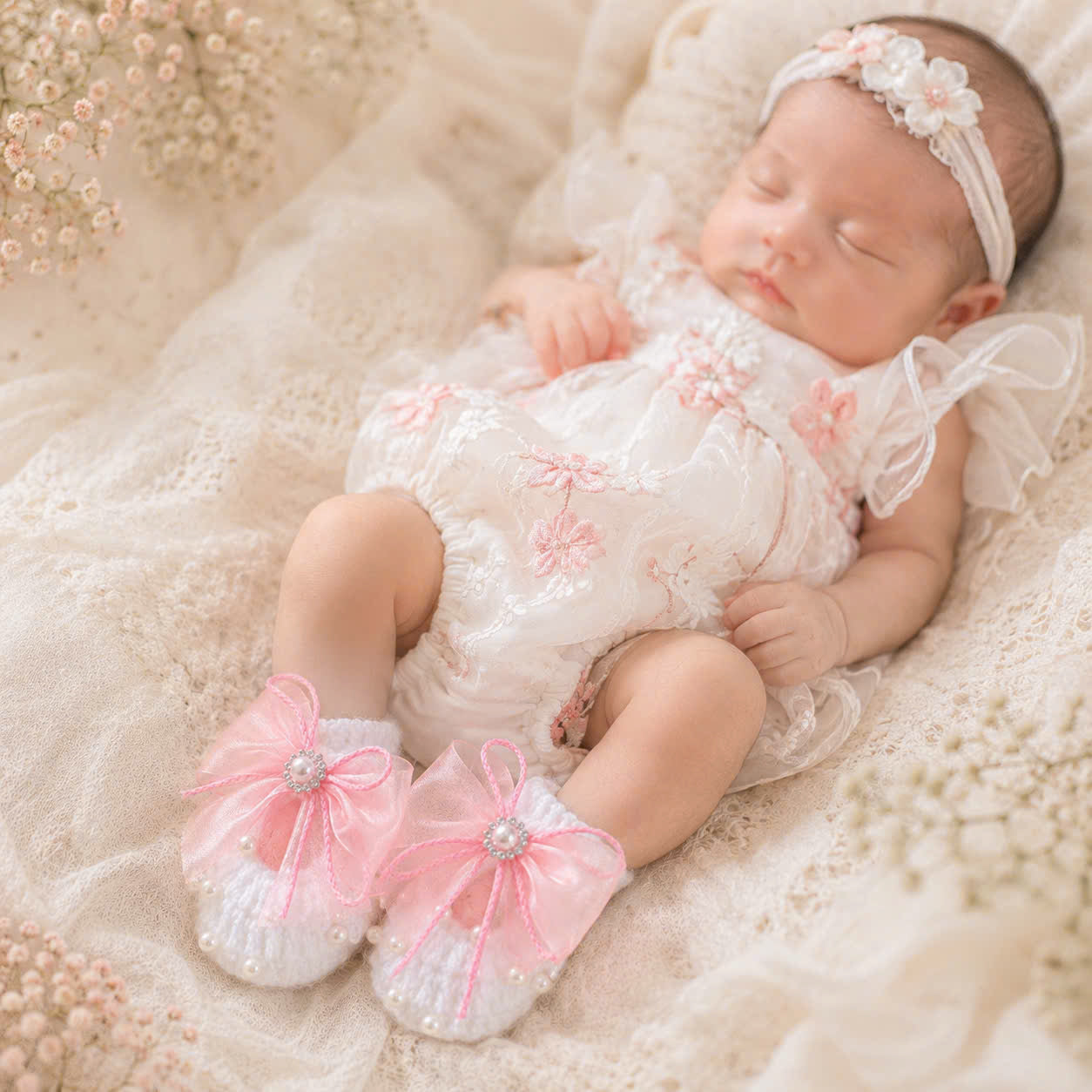 Handmade Knitted Baby Shoes - Pink Organza Bow Newborn | White Mary Jane Baby Booties with Pearl Organza Bow | Newborn Gift & Christening Shoes