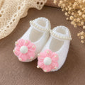 Handmade Knitted Baby Shoes - Pink Daisy Newborn | White Mary Jane Baby Booties with Handmade Daisy Flower | Newborn Gift & Coming Home Shoes