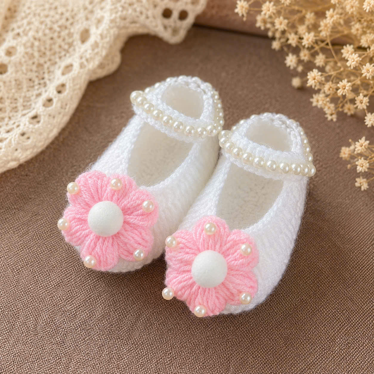 Handmade Knitted Baby Shoes - Pink Daisy Newborn | White Mary Jane Baby Booties with Handmade Daisy Flower | Newborn Gift & Coming Home Shoes