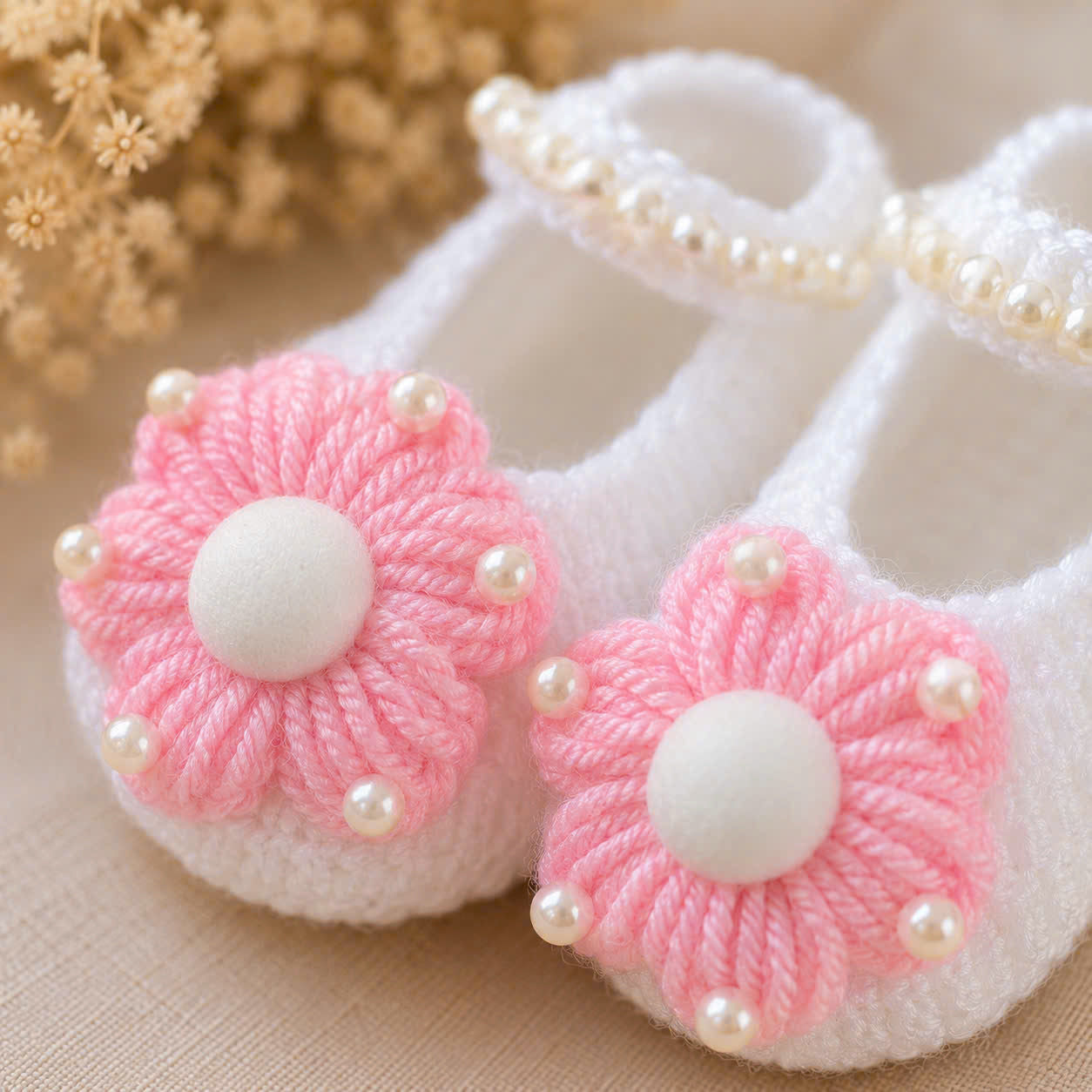 Handmade Knitted Baby Shoes - Pink Daisy Newborn | White Mary Jane Baby Booties with Handmade Daisy Flower | Newborn Gift & Coming Home Shoes