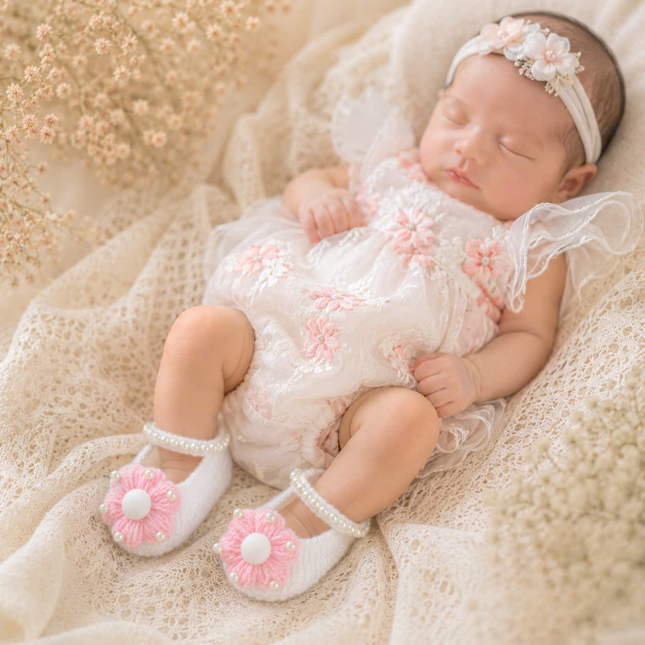 Handmade Knitted Baby Shoes - Pink Daisy Newborn | White Mary Jane Baby Booties with Handmade Daisy Flower | Newborn Gift & Coming Home Shoes