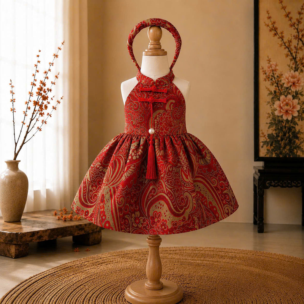 Halter Neck Dress - Golden Charm 3 Months–3 Years | Red Brocade Yếm-Inspired Princess Dress | Tết, Mid-Autumn & Birthday Dress