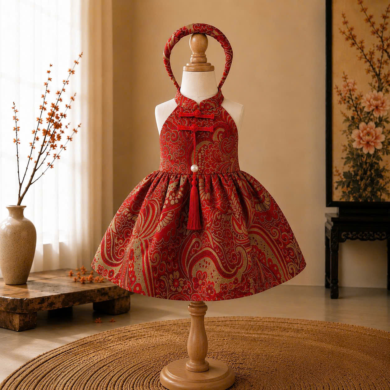 Halter Neck Dress - Golden Charm 3 Months–3 Years | Red Brocade Yếm-Inspired Princess Dress | Tết, Mid-Autumn & Birthday Dress