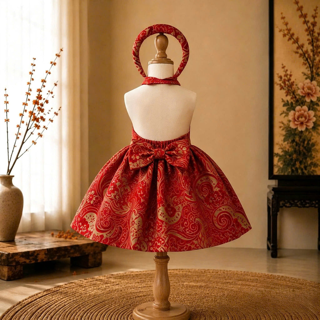 Halter Neck Dress - Golden Charm 3 Months–3 Years | Red Brocade Yếm-Inspired Princess Dress | Tết, Mid-Autumn & Birthday Dress